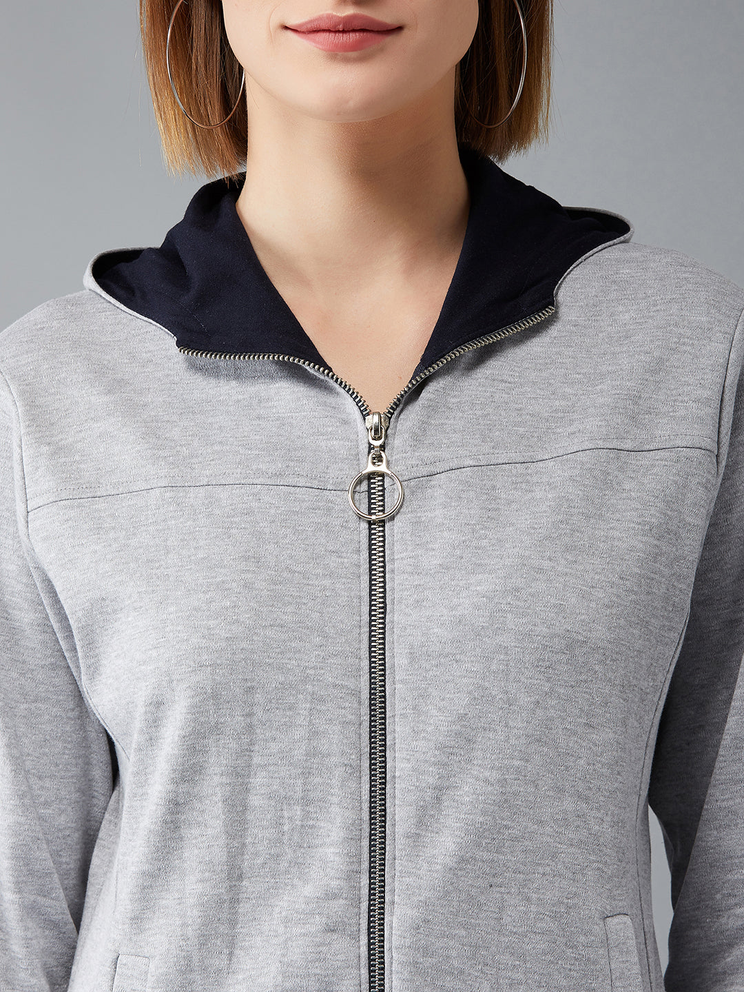 Women's Grey Mock Collar Full Sleeves Premium Cotton, Rib Solid Hooded Regular Length Jacket