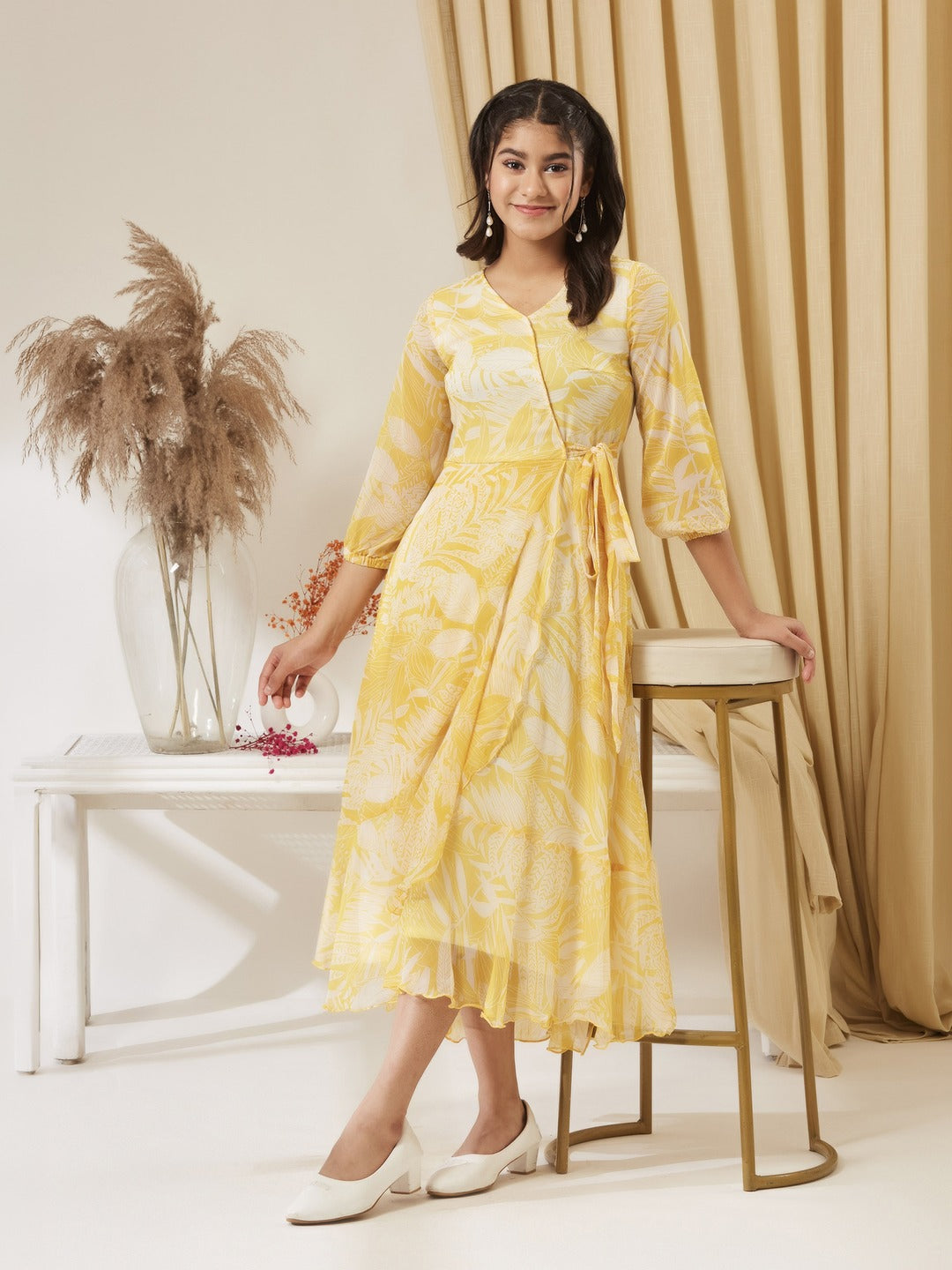Yellow & White V neck Full sleeve Floral Layered Maxi Dress for Girls/Teenagers