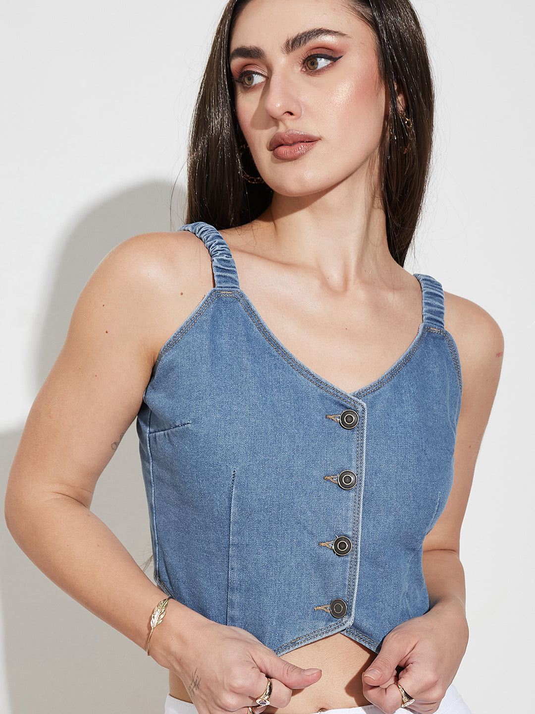 Womens Mid Blue V Neck Elasticated Straps Sleeve Solid Waistcoat-Styled Cropped Denim Top