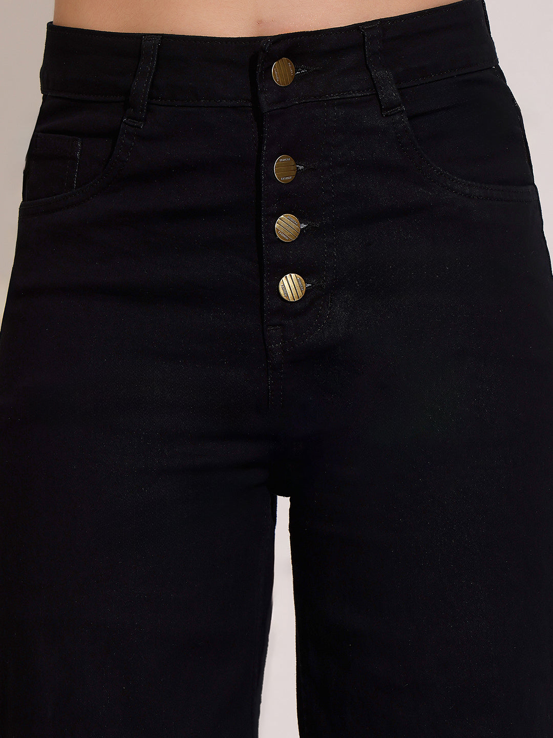 Women's Black Wide Leg High Rise Clean Look Regular Stretchable Denim Jeans