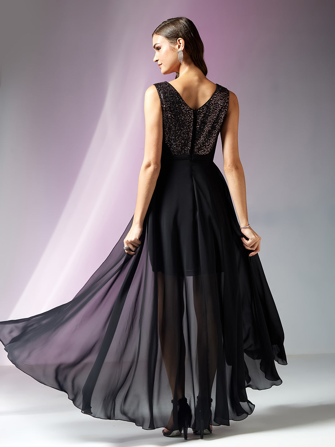 Women’s Black Tapered Square Sleeveless Embellished Bodycon Knee-Long Georgette Dress for Women