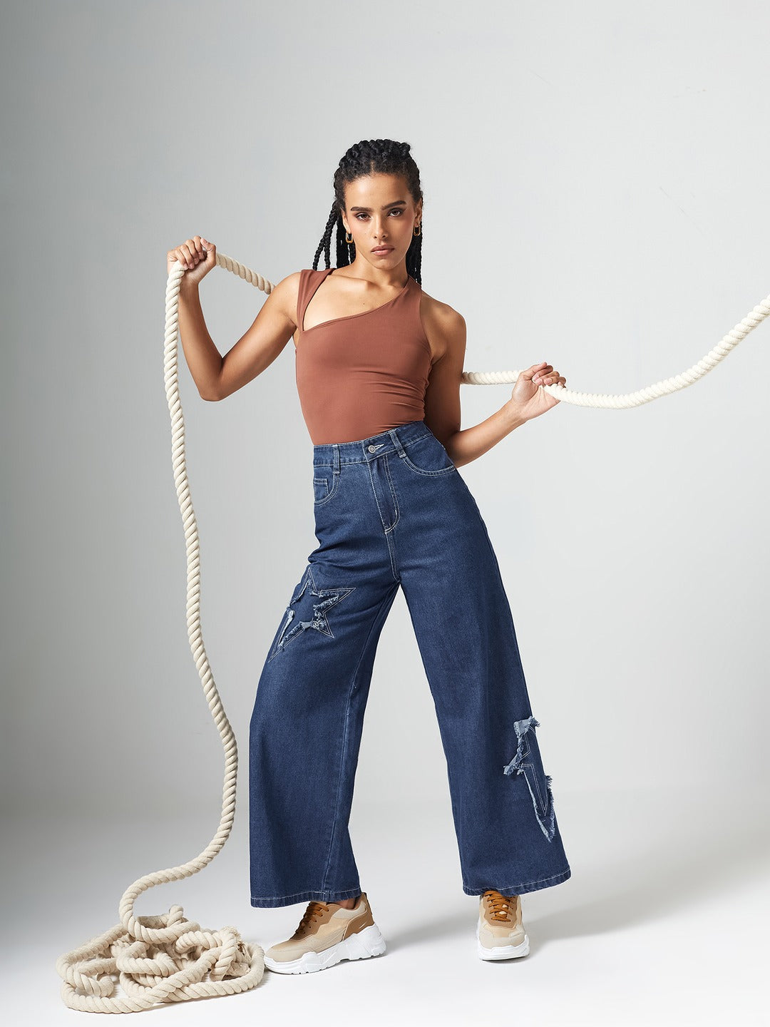 Navy Blue High Rise Mildly-Distressed Regular-Length Stretchable Denim Wide-leg Jeans for Women