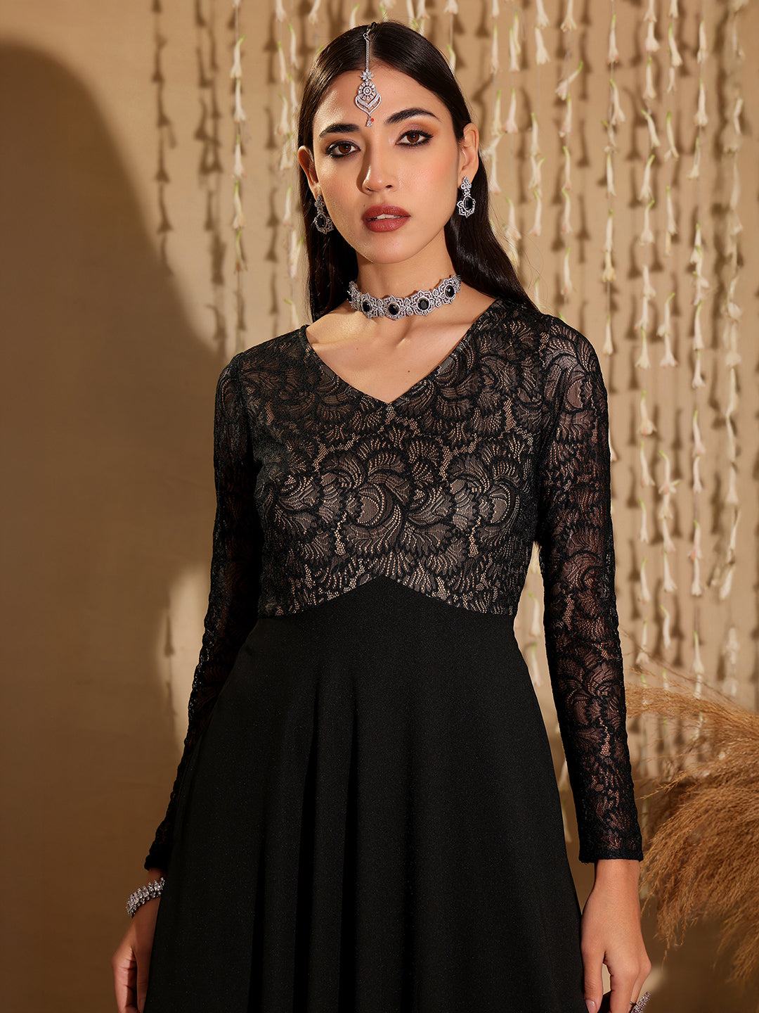 Women's Black V-Neck Full Sleeve Self Design Lace-Overlaid Georgette Maxi Dress