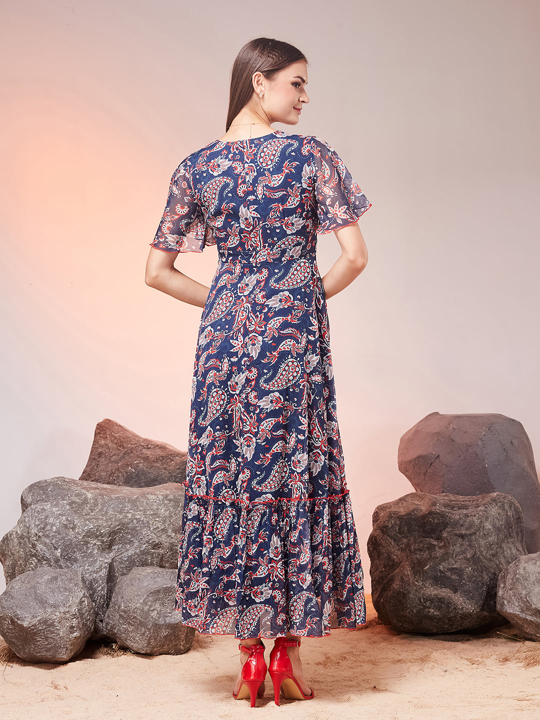 Navy Blue Floral Printed Flutter Sleeves Maxi Dress for Women