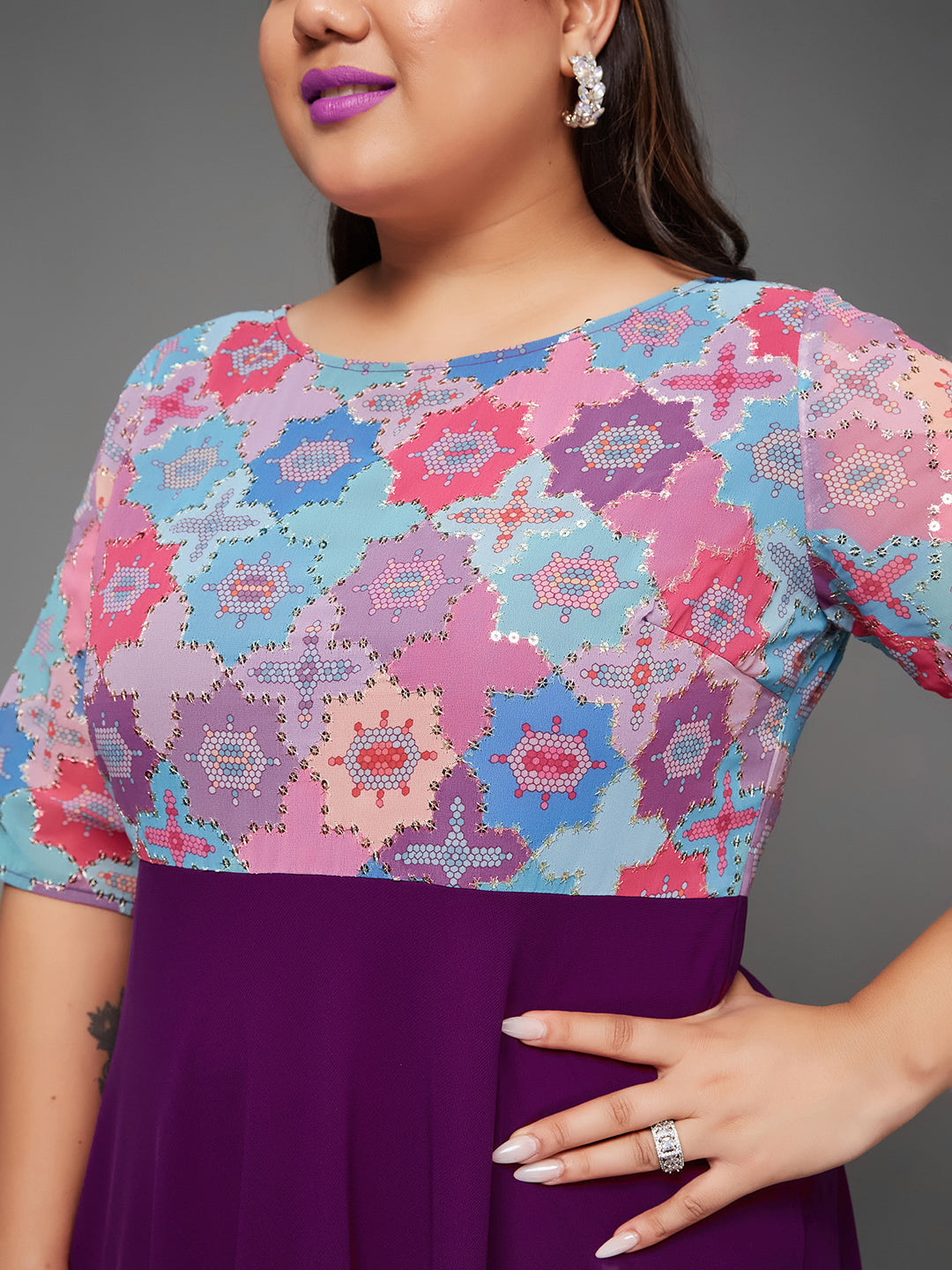 Body Bliss Multicolored-Base-Dark Purple Fit & Flare Georgette Maxi Dress