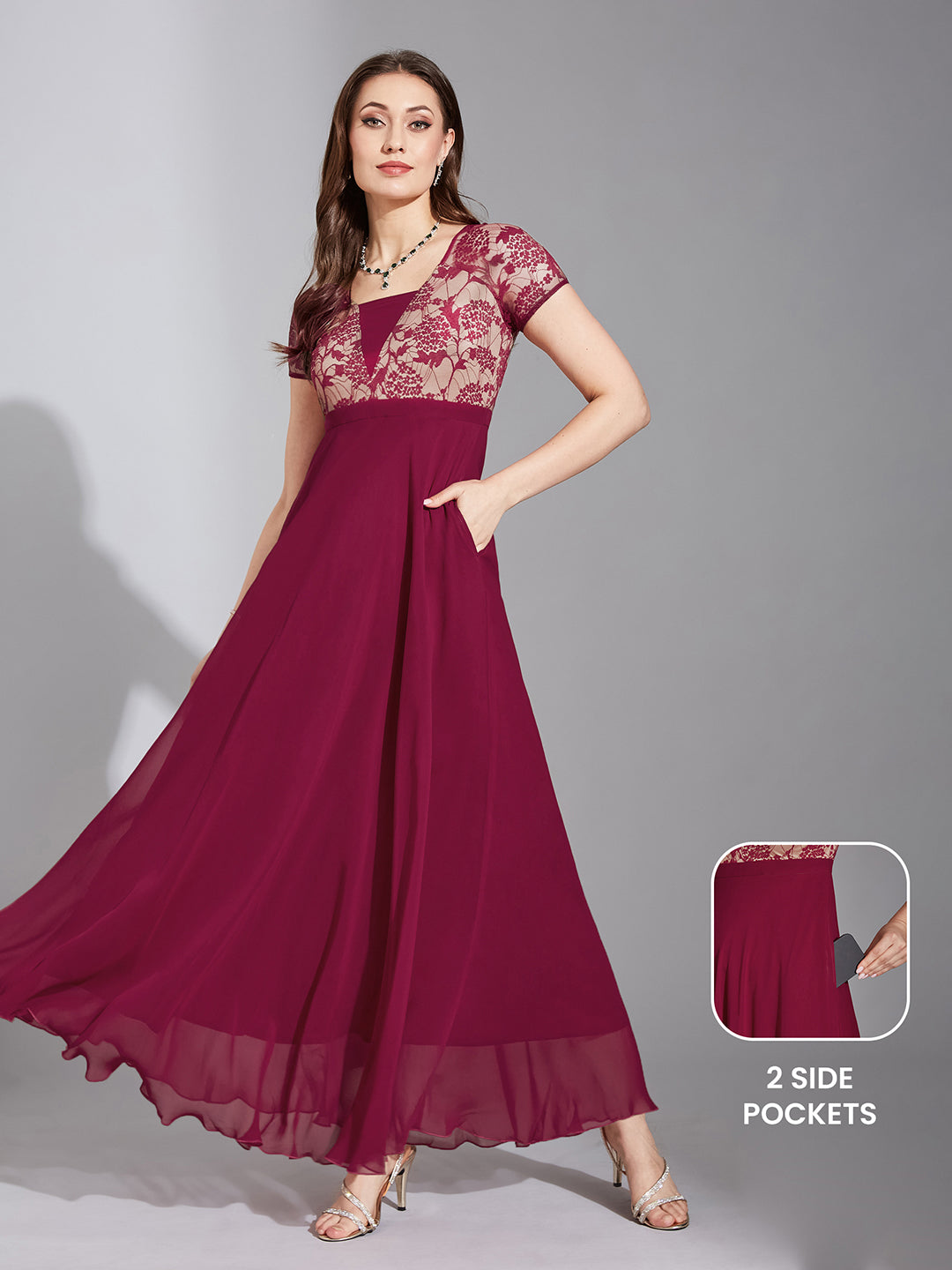 Women's Dark Pink Square Neck Raglan Short Sleeve Self Design Lace Overlaid Georgette Maxi Dress