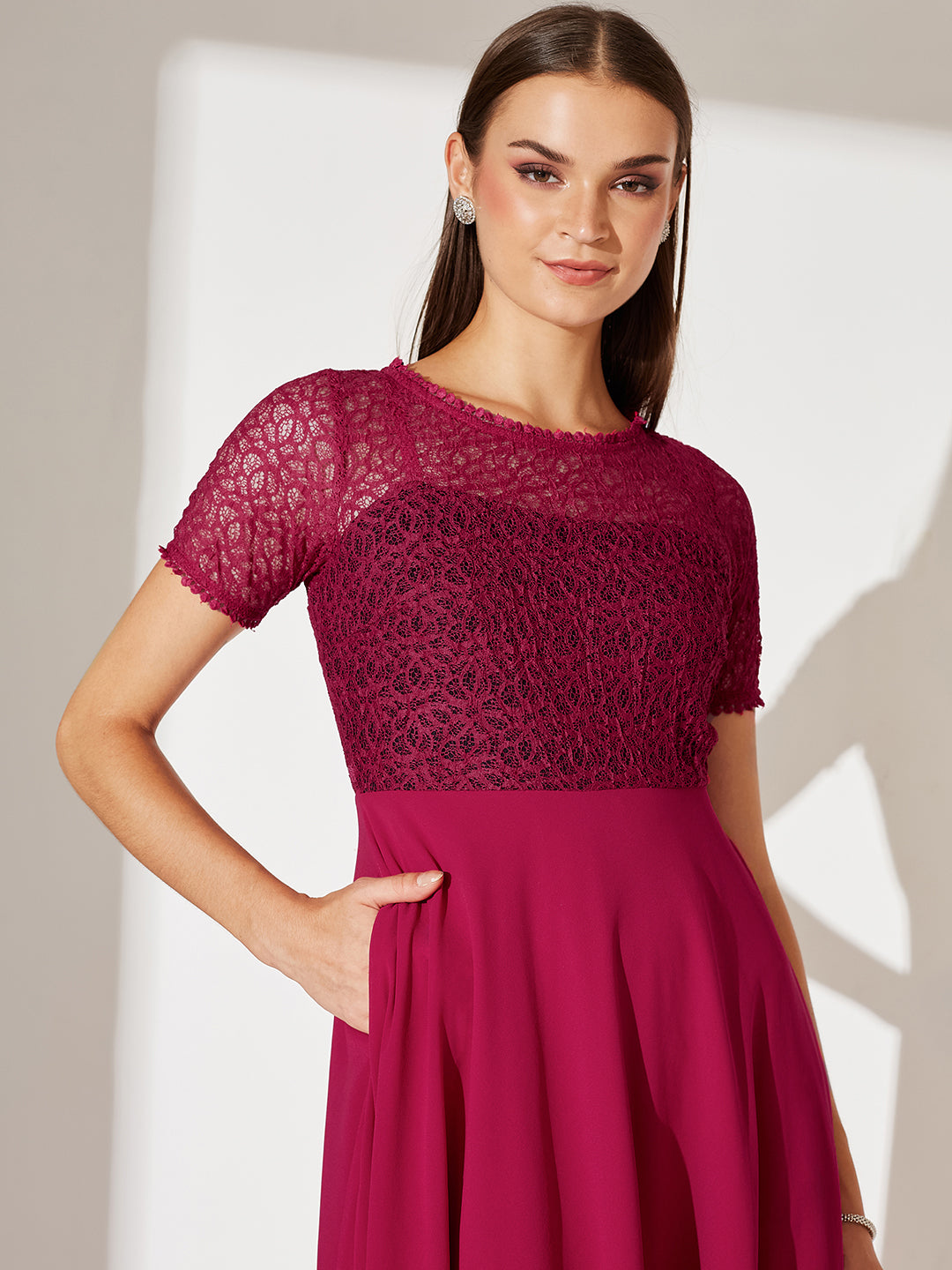 Dark Pink Round neck Half Sleeve Solid Lace Overlaid Maxi Dress for Women