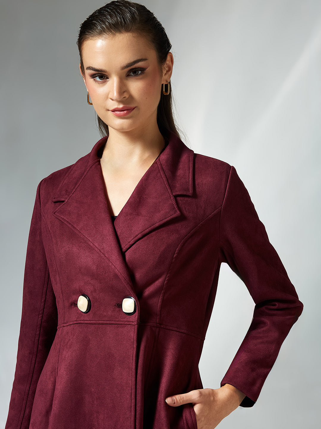 Women's Wine Solid V-Neck Full Sleeves Side Pocketed Polyester Double Breasted Longline Jacket