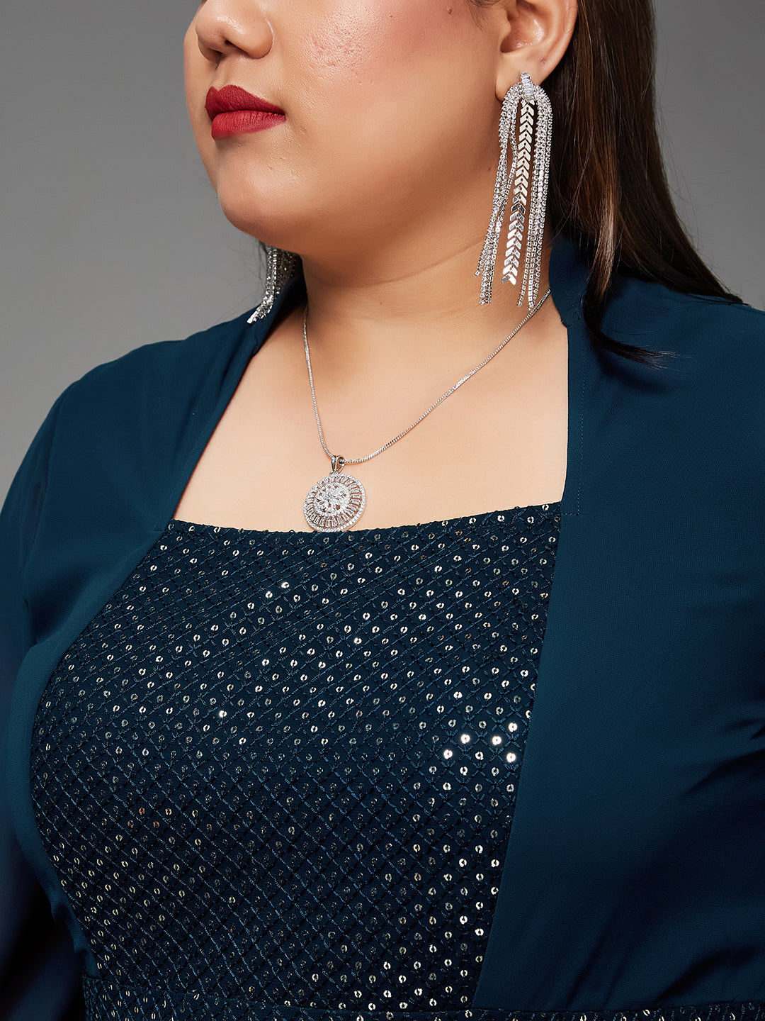 Teal Mandarin-Collar Bishop Sleeve Embellished Panelled Georgette Maxi Dress for Women