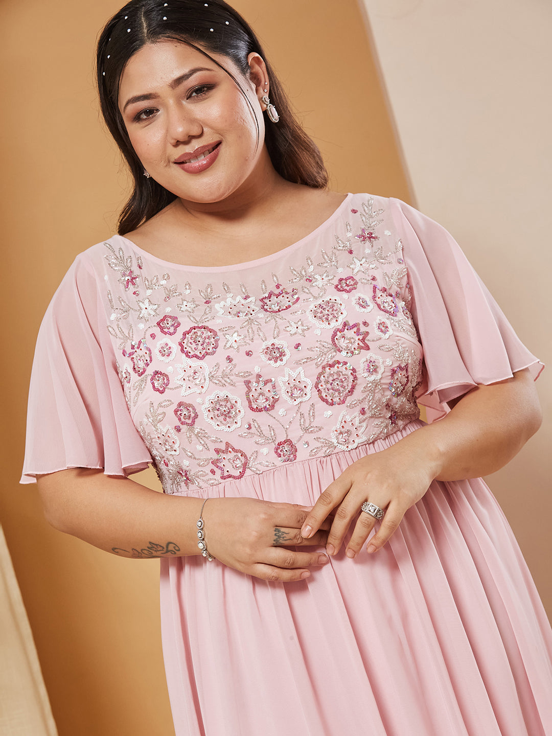 Blush Pink Embellished Gathered Maxi Dress for Women — Miss Chase A+