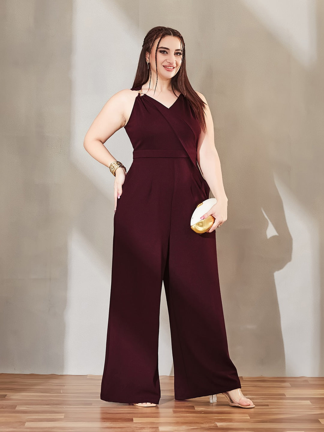 Wine V-Neck Sleeveless Solid Wrap Regular Jumpsuit for Women