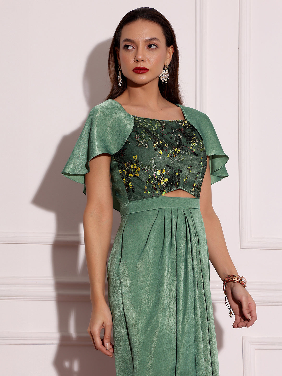 Khakar Meadow Sage Green Embellished Satin Maxi Dress