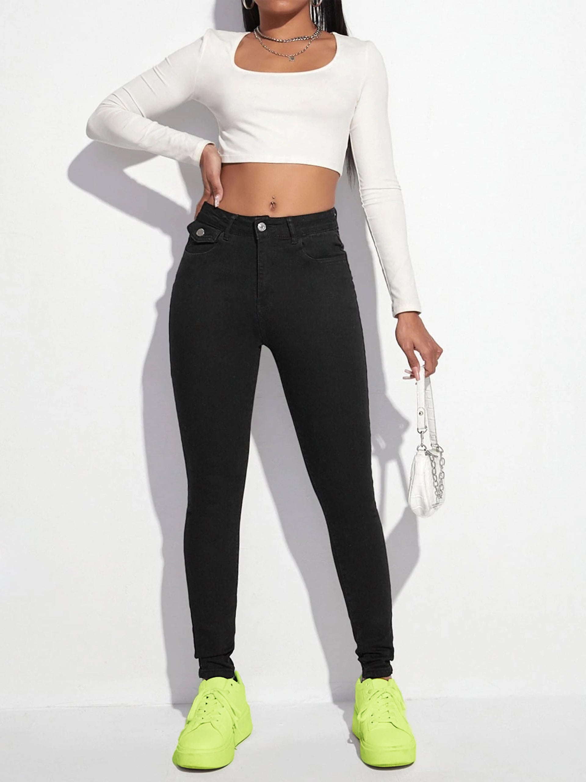 Women's Black Skinny High-Rise Clean-Look Regular-Length Stretchable Denim Jeans