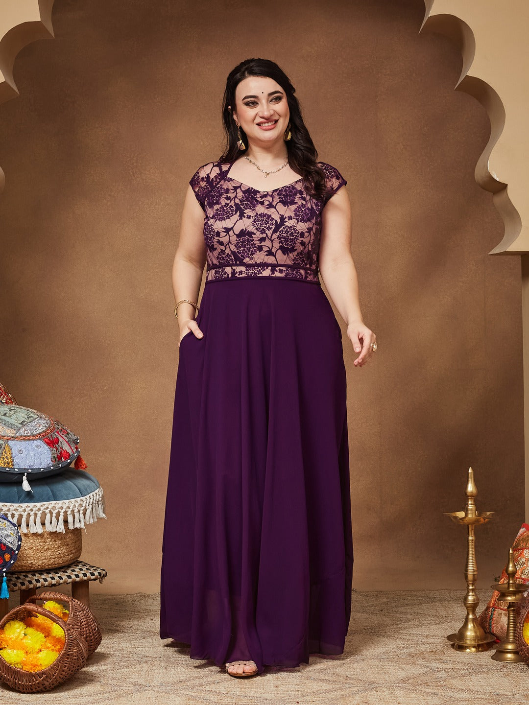 Dark Purple Sweet-Heart Neck Cap-Sleeve Floral Fit & Flare Georgette Maxi Dress for Women