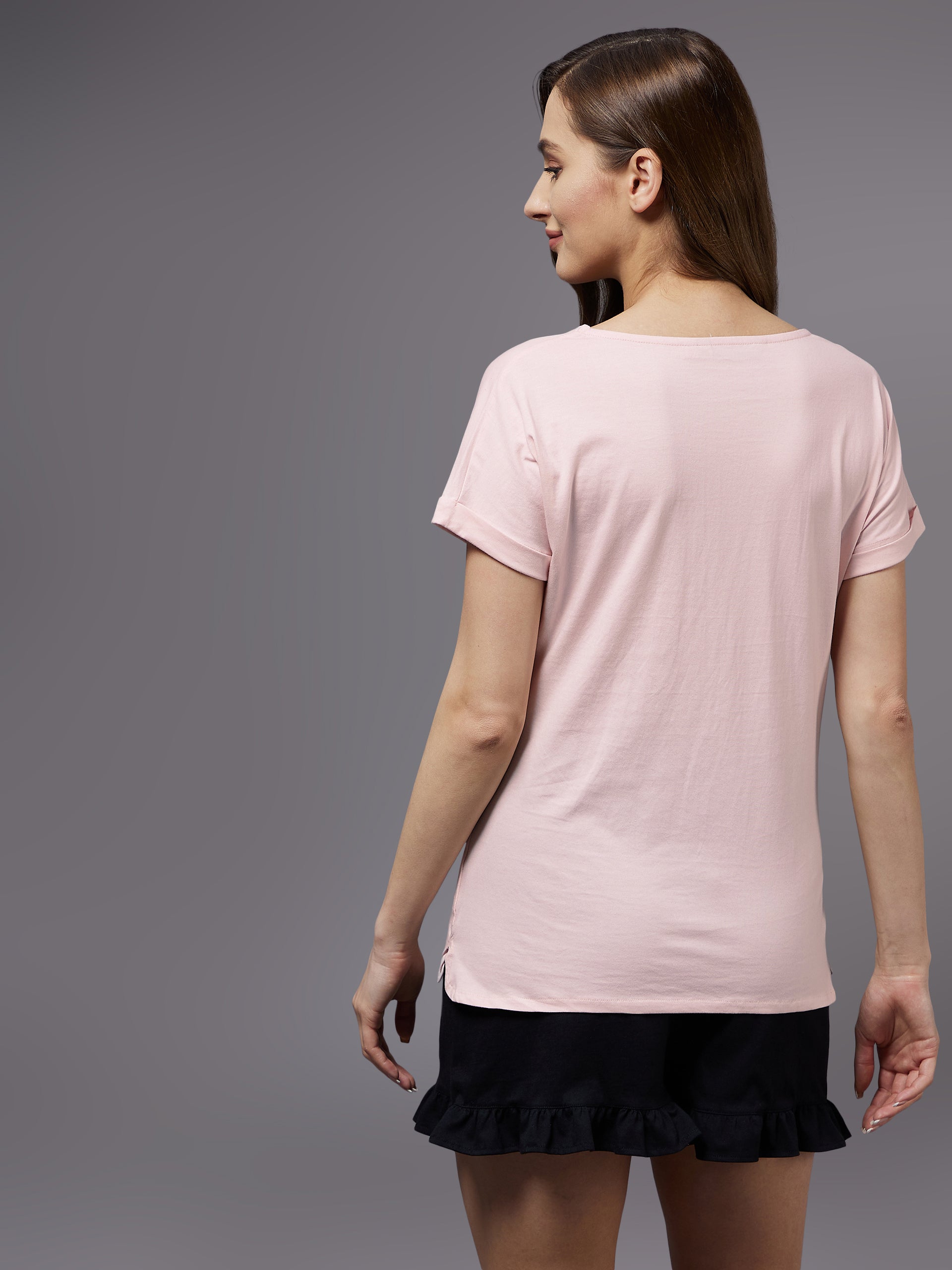 Women's Blush Pink round neck short sleeves printed long T-shirt