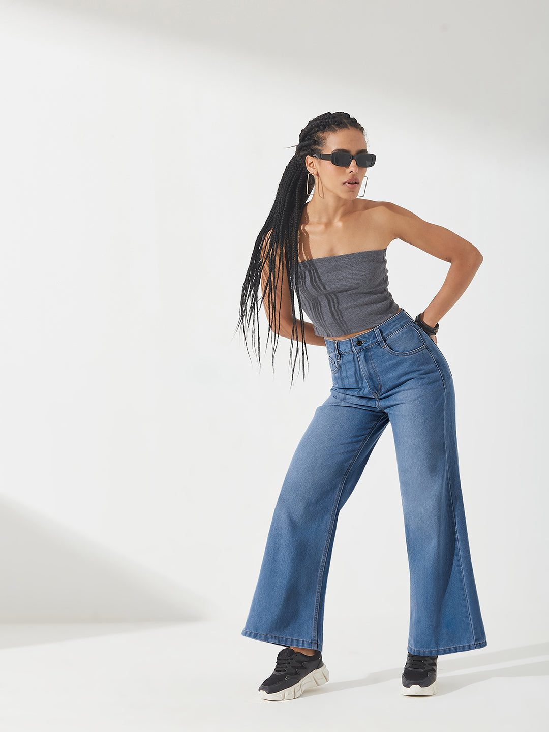 Light-Blue Wide-Leg High-Rise Clean-Look Non-stretchable Denim Jeans for Women