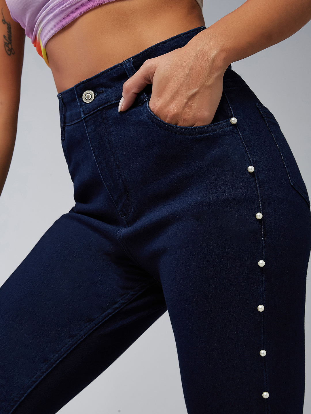 Women's Navy-Blue Cotton Skinny-Fit Cropped High-Rise Stretchable Pearl Denim Jeans