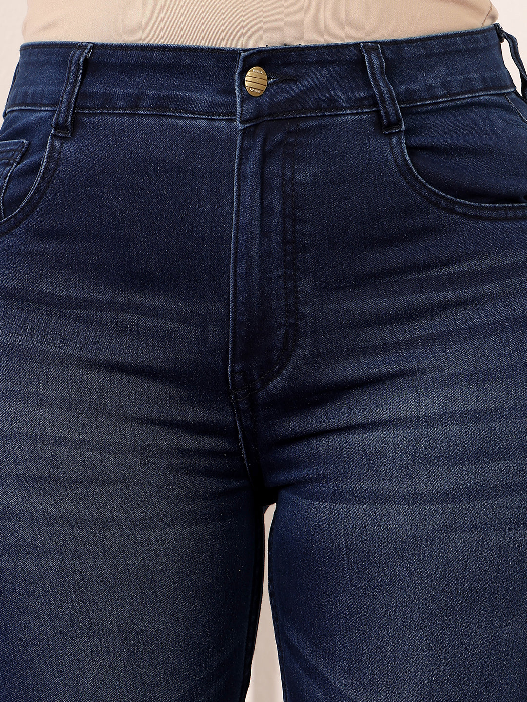 Women's Navy Blue High-Rise Clean-Look Stretchable Bootcut Denim Jeans