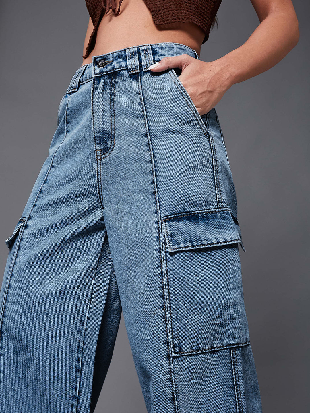 Women's Light Blue Wide-Leg High-Rise Cargo Denim Jeans