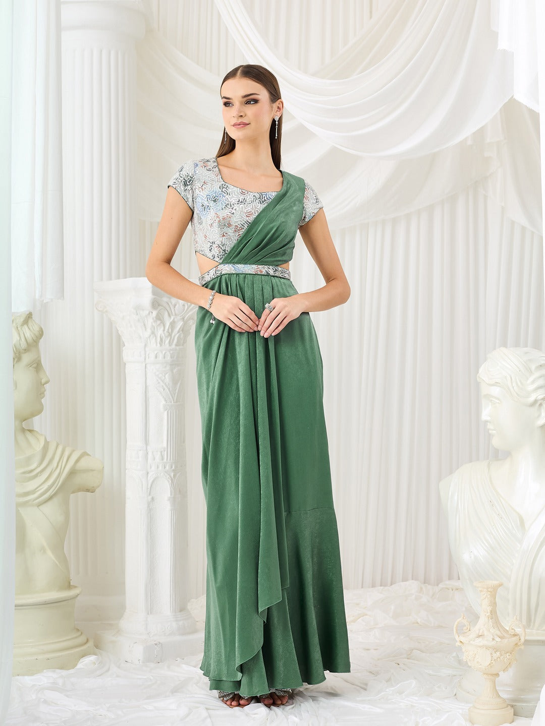 Siege Green Sweetheart Short Sleeve Embellished Pleated Satin Maxi Dress for Women