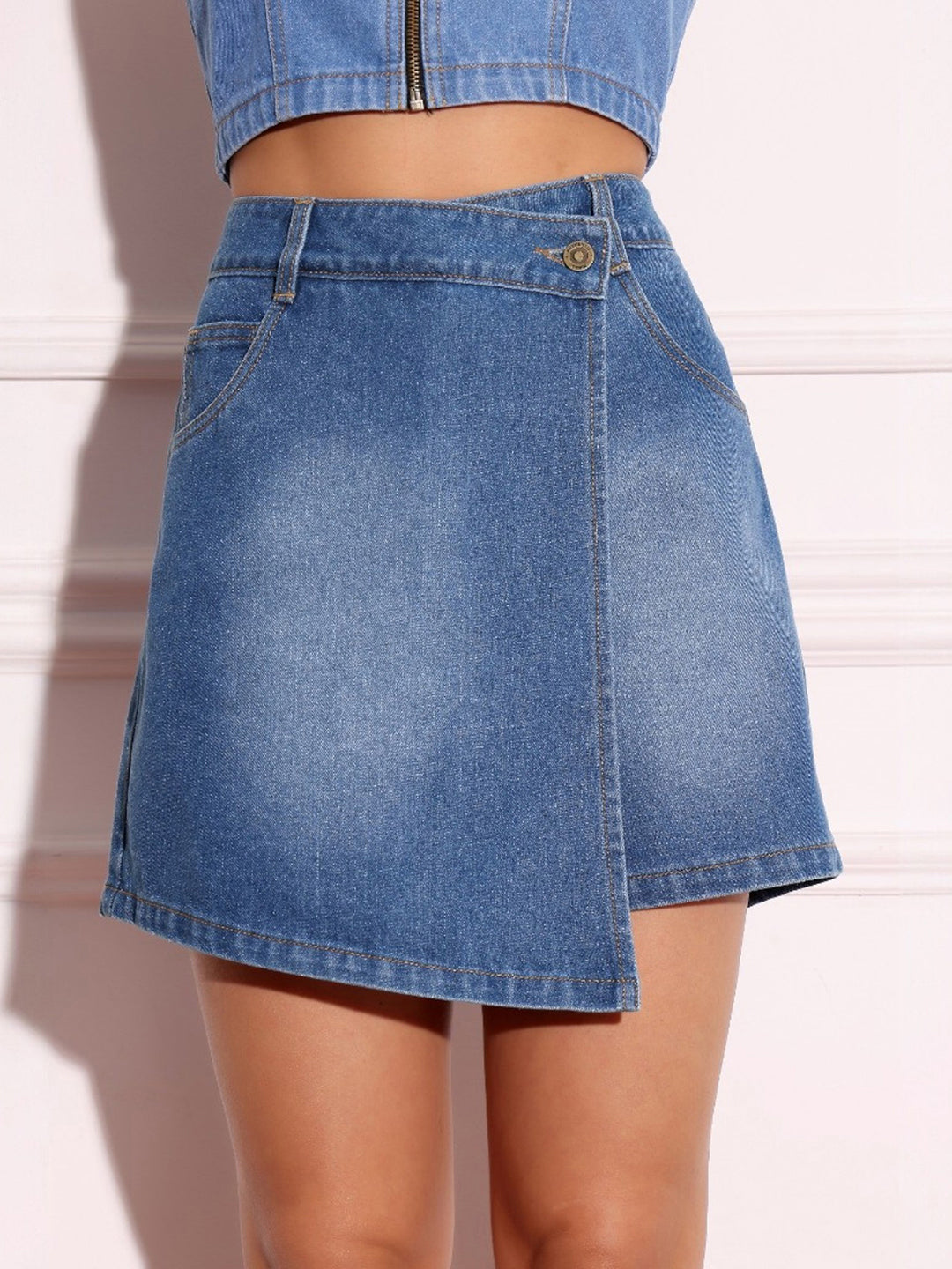 Mid-Blue Regular High-Rise Denim Skorts for Women
