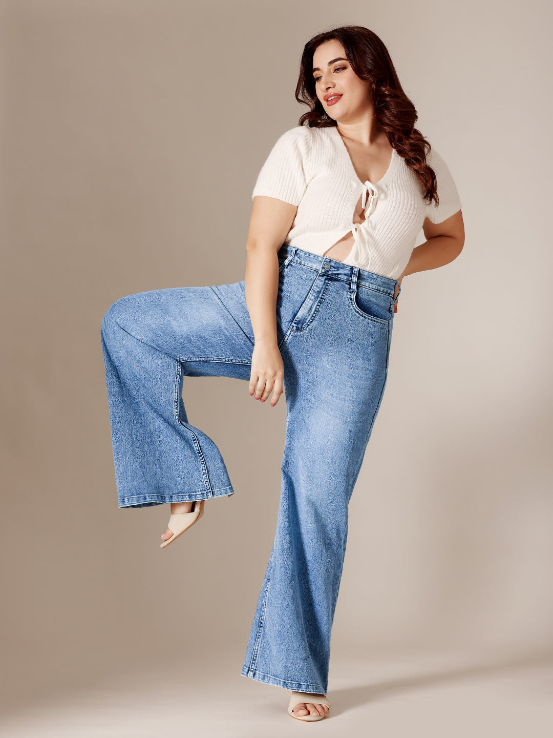 Light Blue Wide-Leg High Rise Clean Look Regular Length Stretchable Denim Jeans for Women