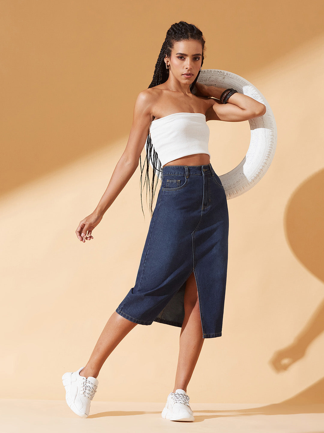 Dark Blue A-Line High-Rise Clean-Look Non-stretchable Denim Midi Skirt for Women