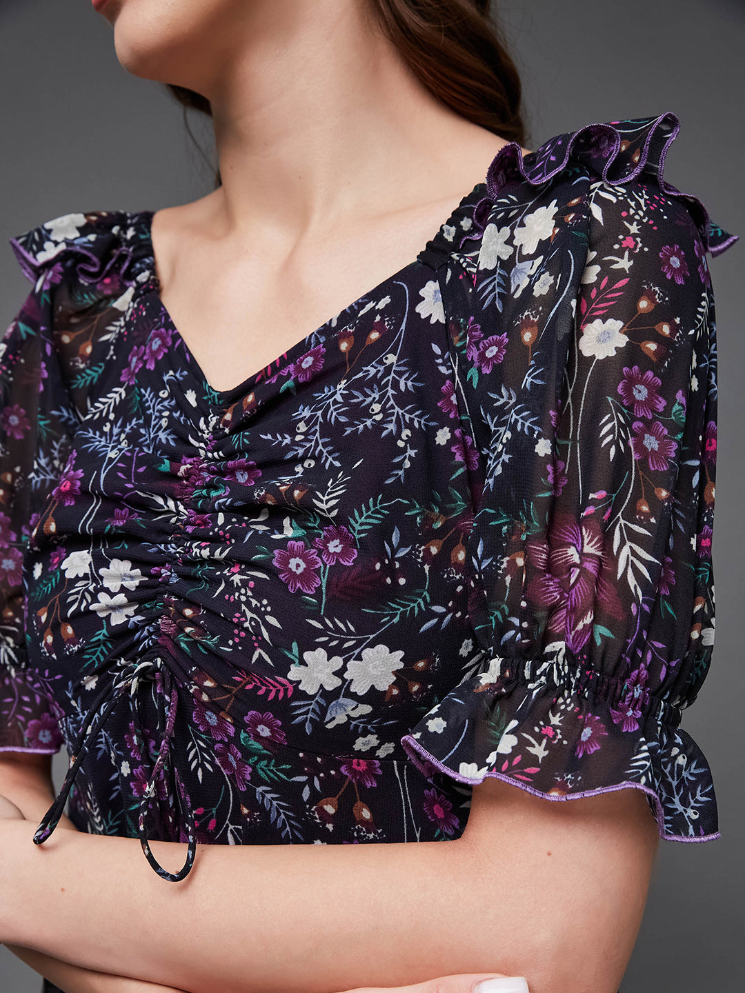 Women's Multicolored-Base-Black Sweetheart-Neck Puffed Sleeve Floral Ruching Georgette Maxi Dress