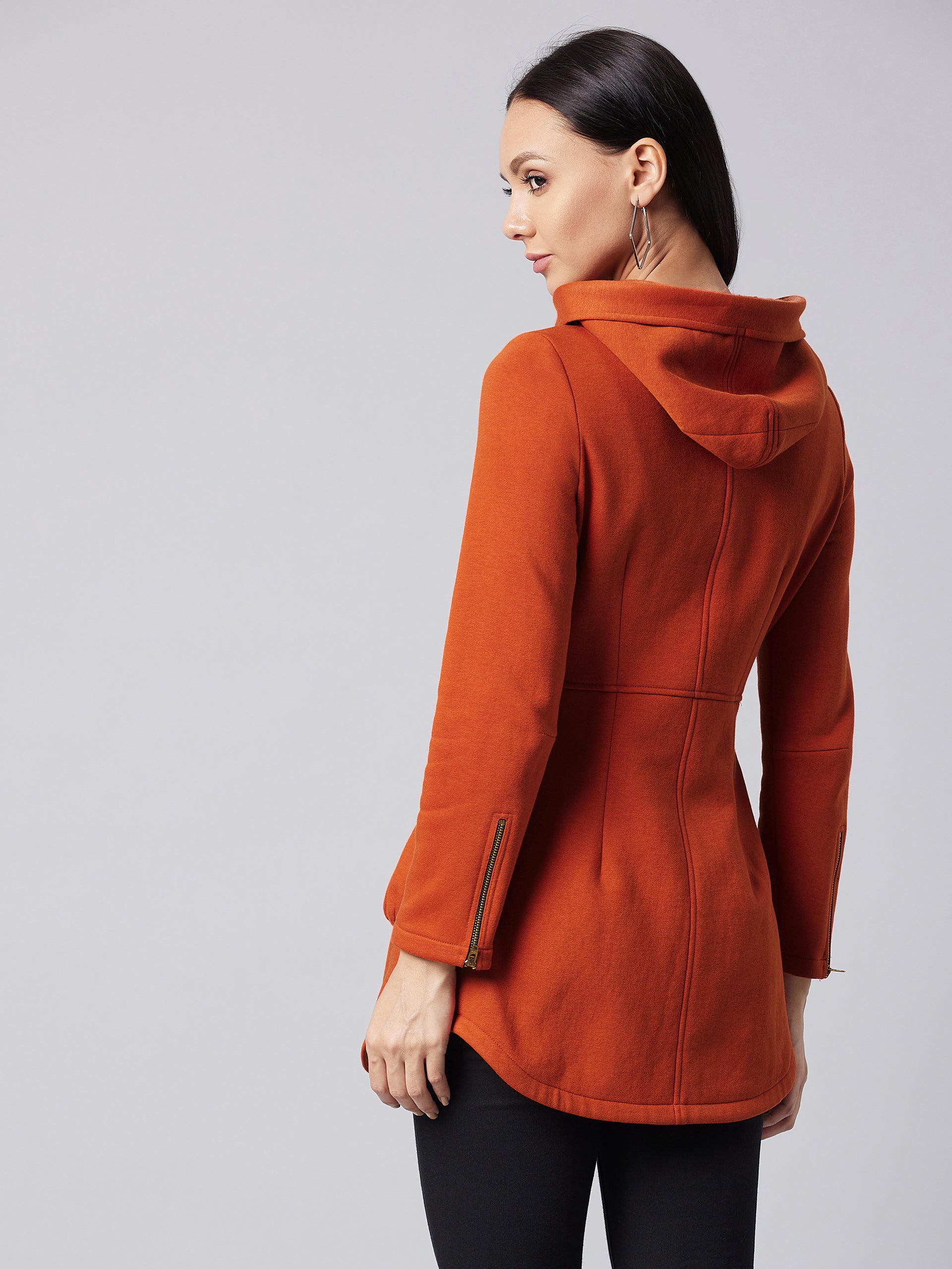 Women's Rust Hooded Full Sleeve Solid Hooded Longline Jacket