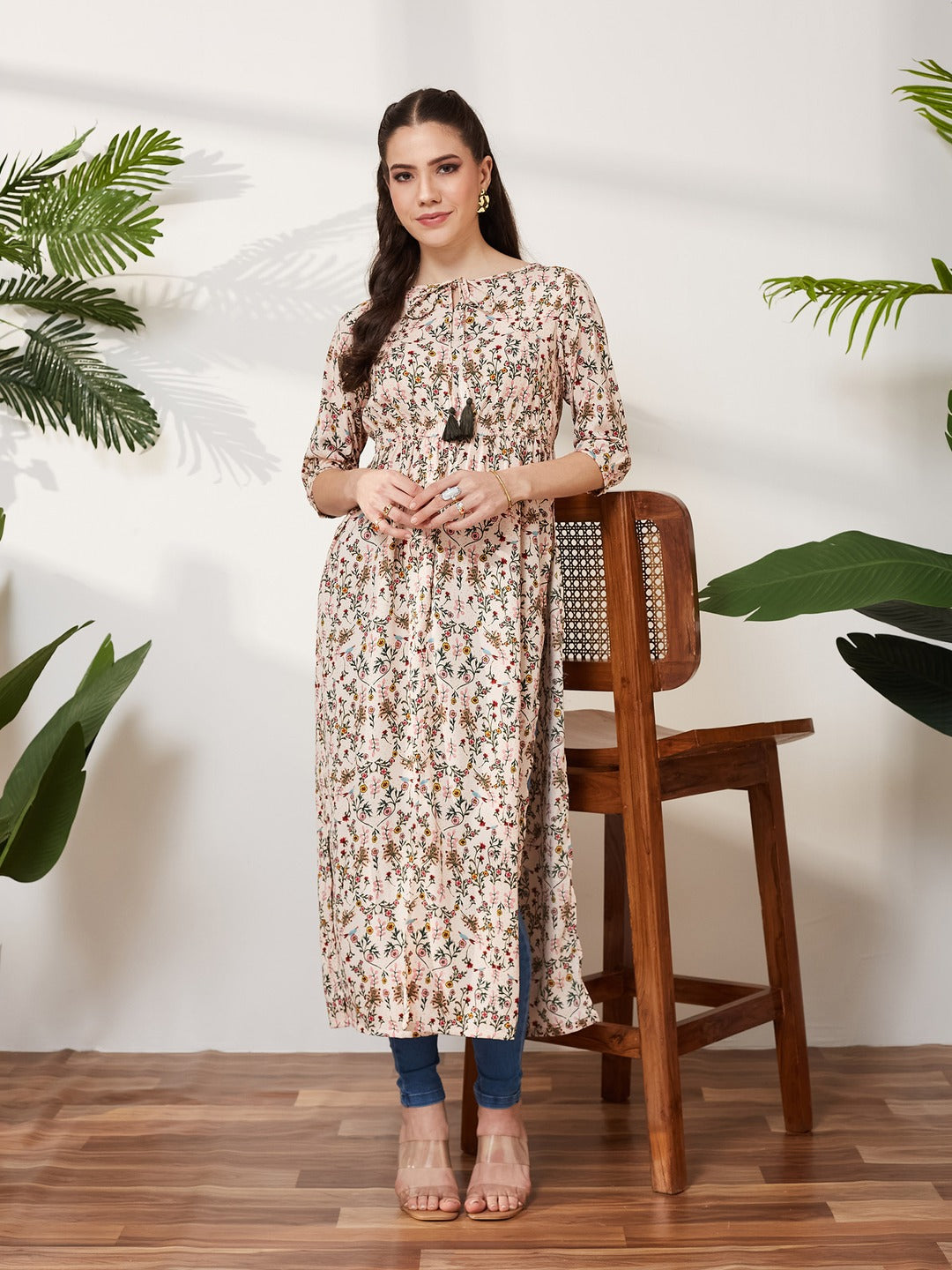 Round Neck 3/4 Sleeve Floral Tie-Up Tassel Detailing Front Slit Maxi Top for Women
