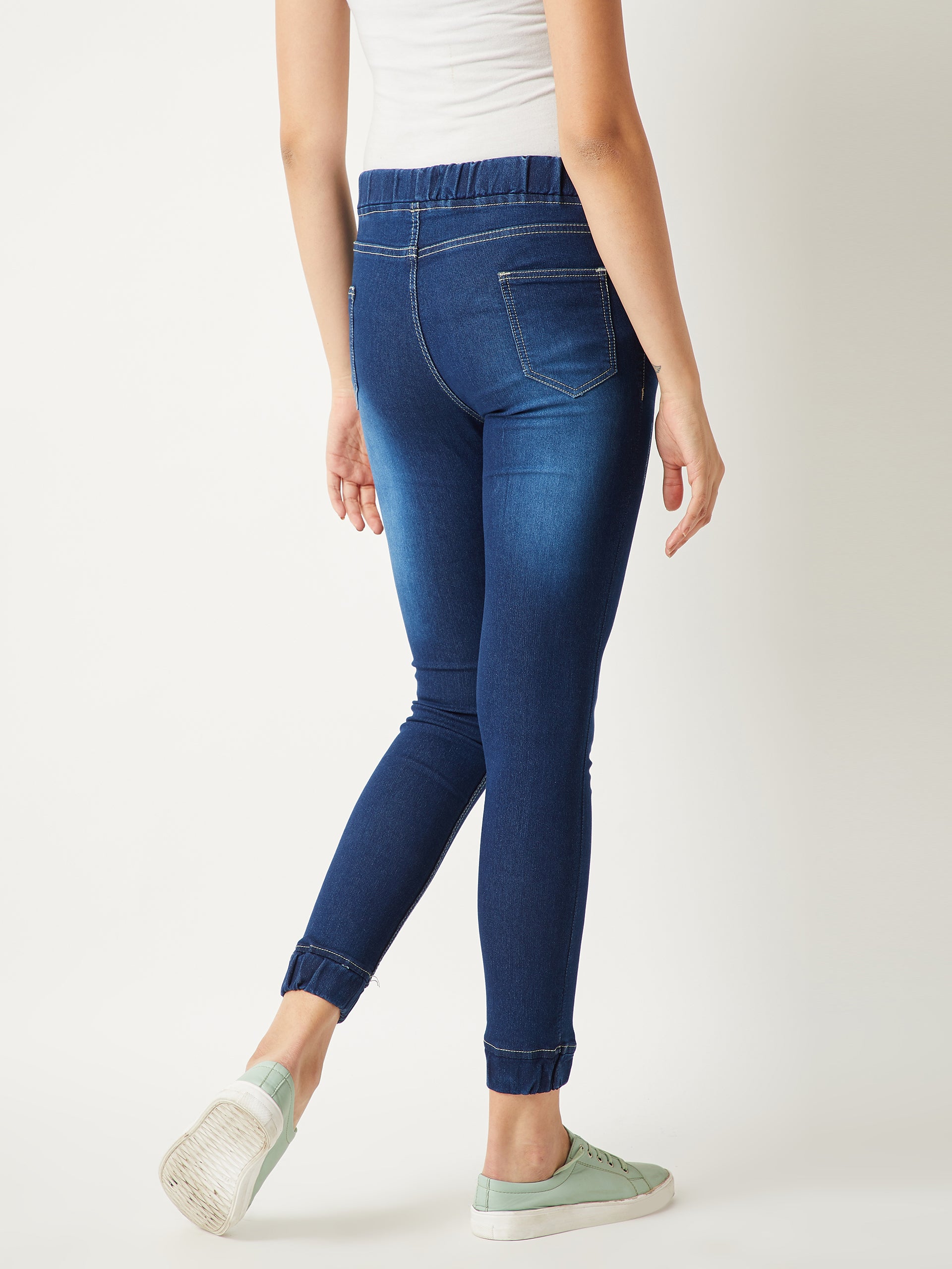 Women's Navy Blue Relaxed Fit Mid Rise Regular Length Scraping Detailing Stretchable Denim Joggers