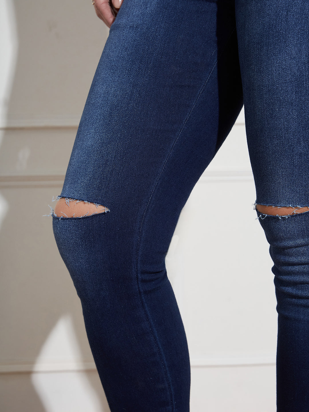 Women's Navy Blue Skinny Fit High Rise Clean Look Regular Length Double Knee Slit Stretchable High Waist Denim Jeans