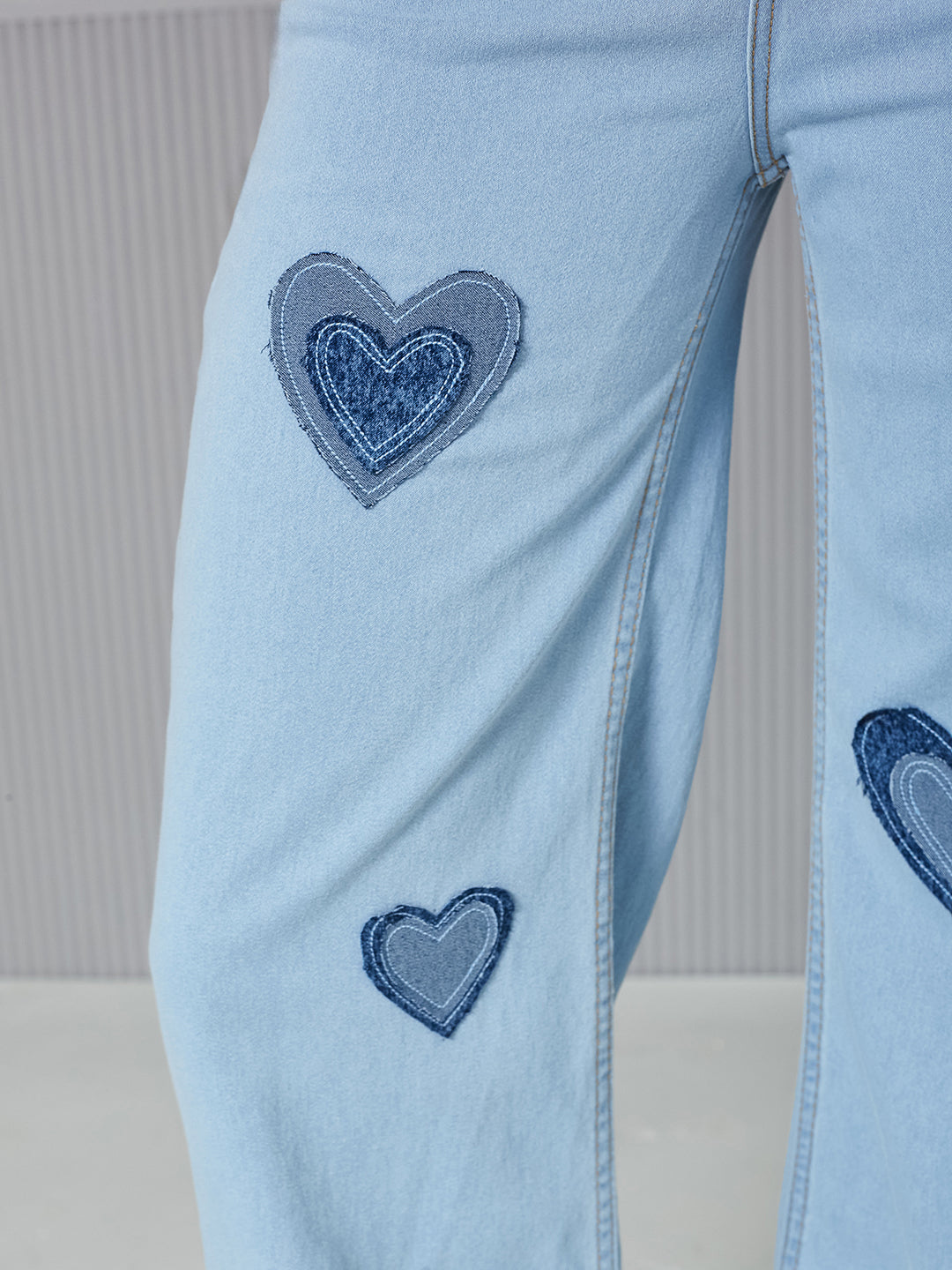 Light-Blue Heart Applique Wide-Leg High-Rise Regular Stretchable Denim Jeans for Women