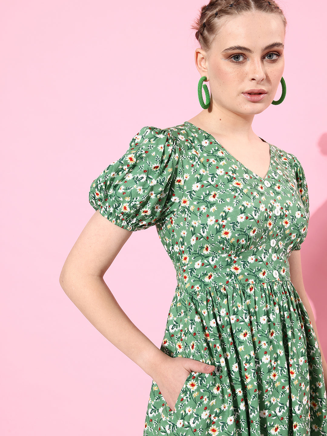 Women's Multicolored-Base-Green V Neckline Short Sleeve Viscose Rayon Floral Fit & Flare Midi Dress