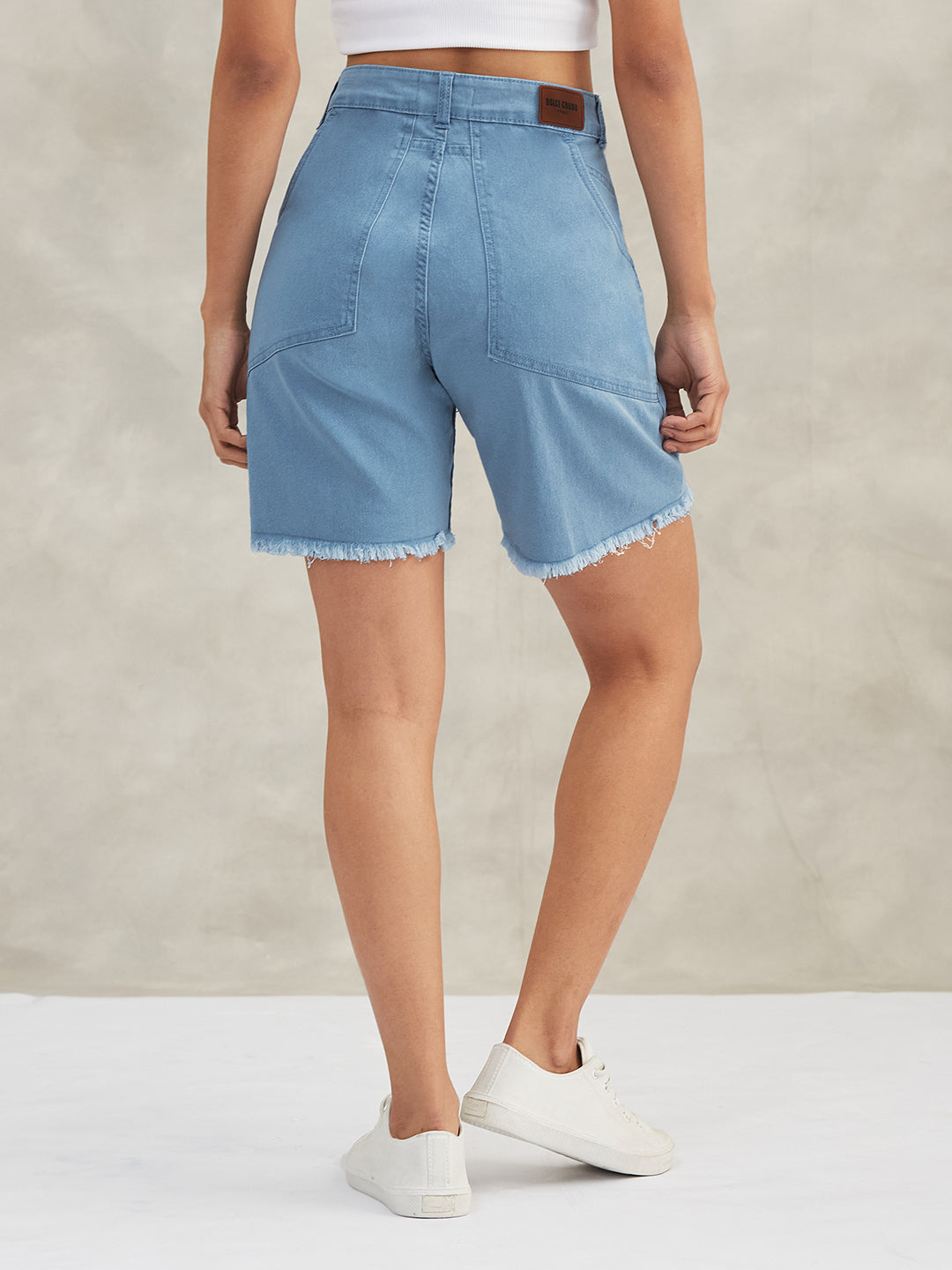 Women's Light Blue High-Rise Above-Knee Stretchable Denim Shorts