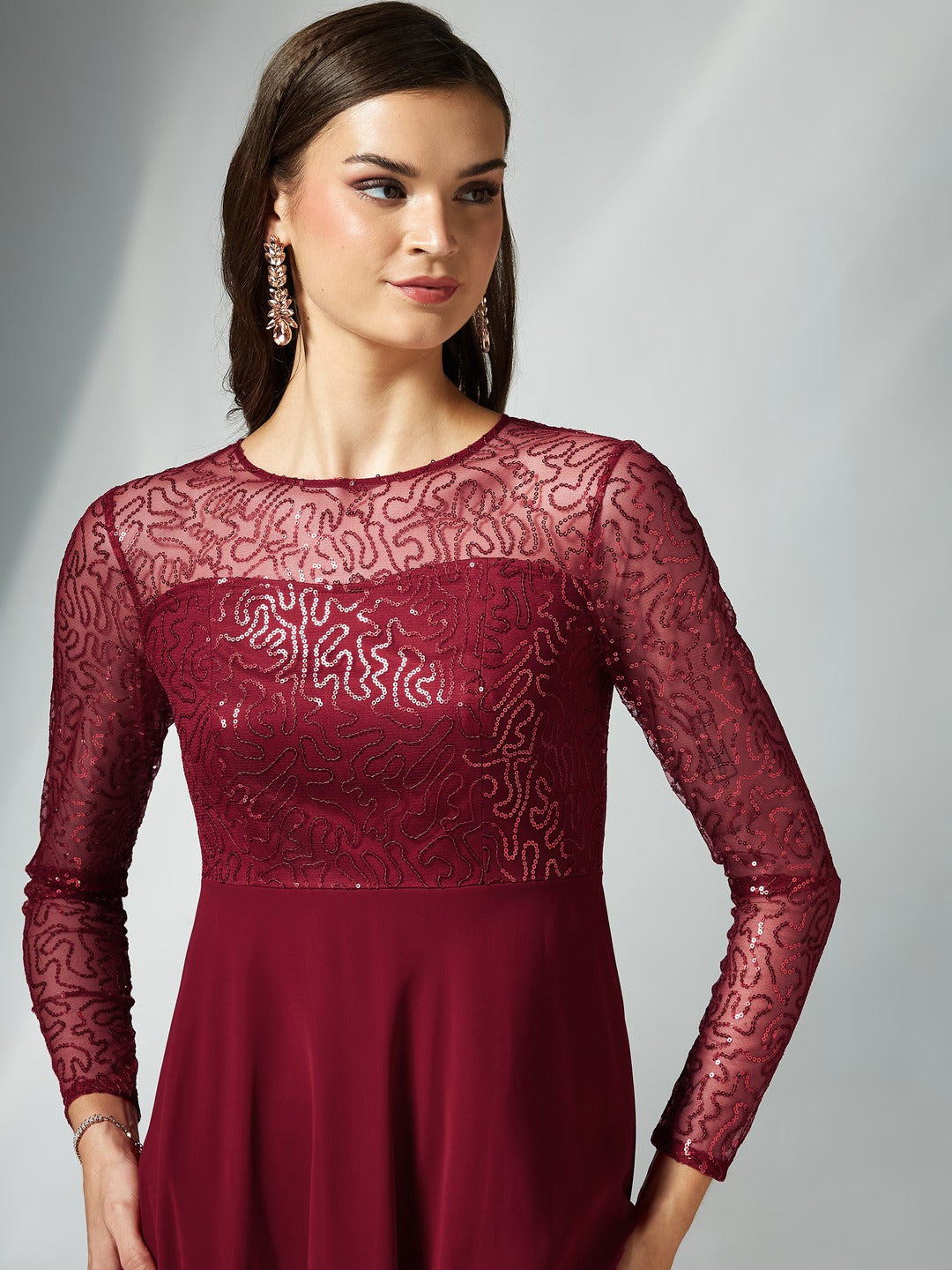 Maroon Solid Embellished Maxi Dress for Women