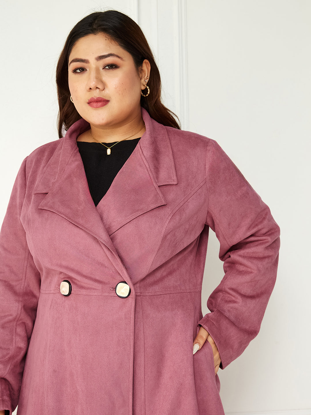 Body Bliss Mauve Solid Double Breasted Longline Jacket for Women