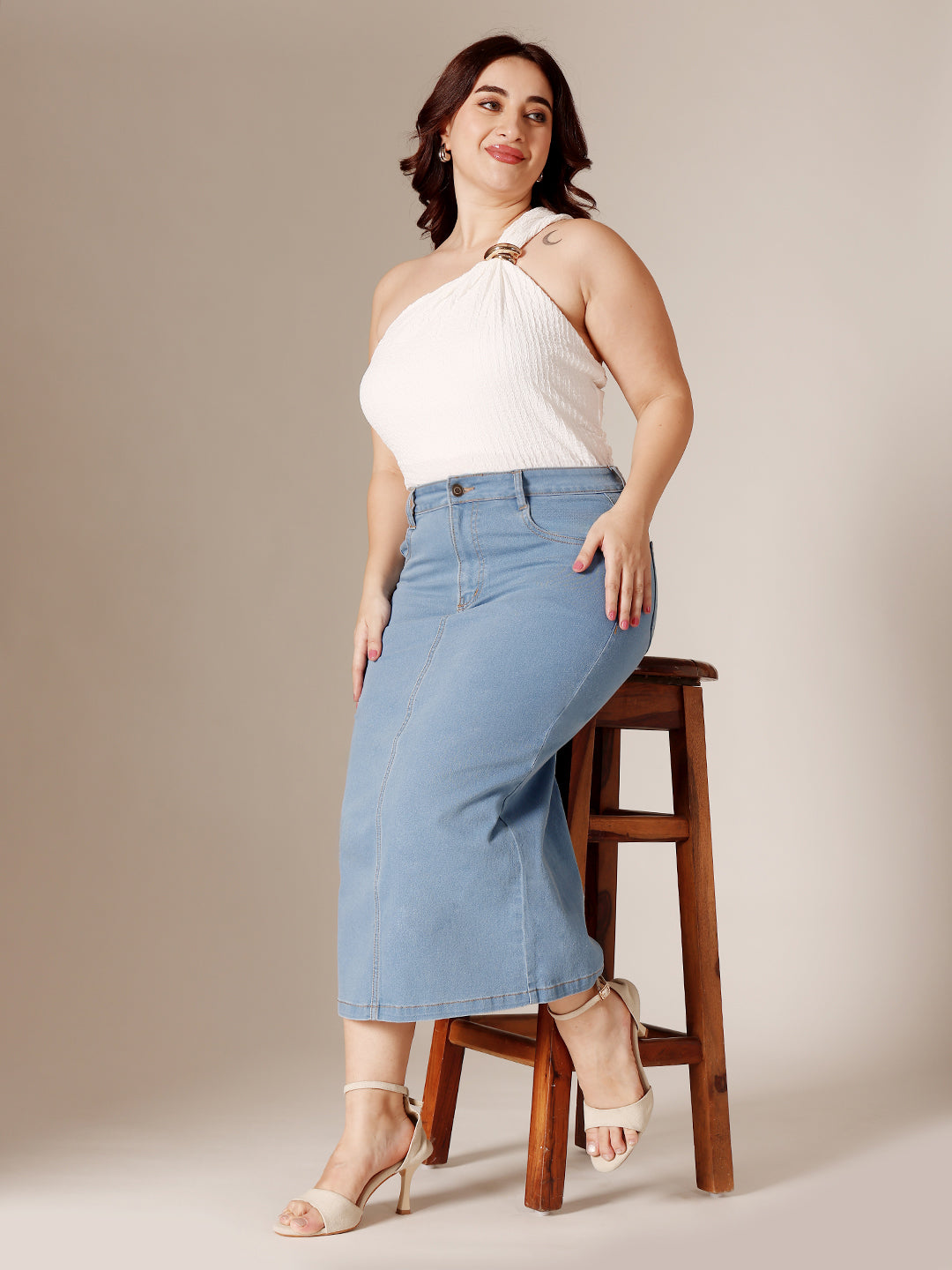Light-Blue Straight-Fit High-Rise Midi Stretchable Denim Skirt for Women