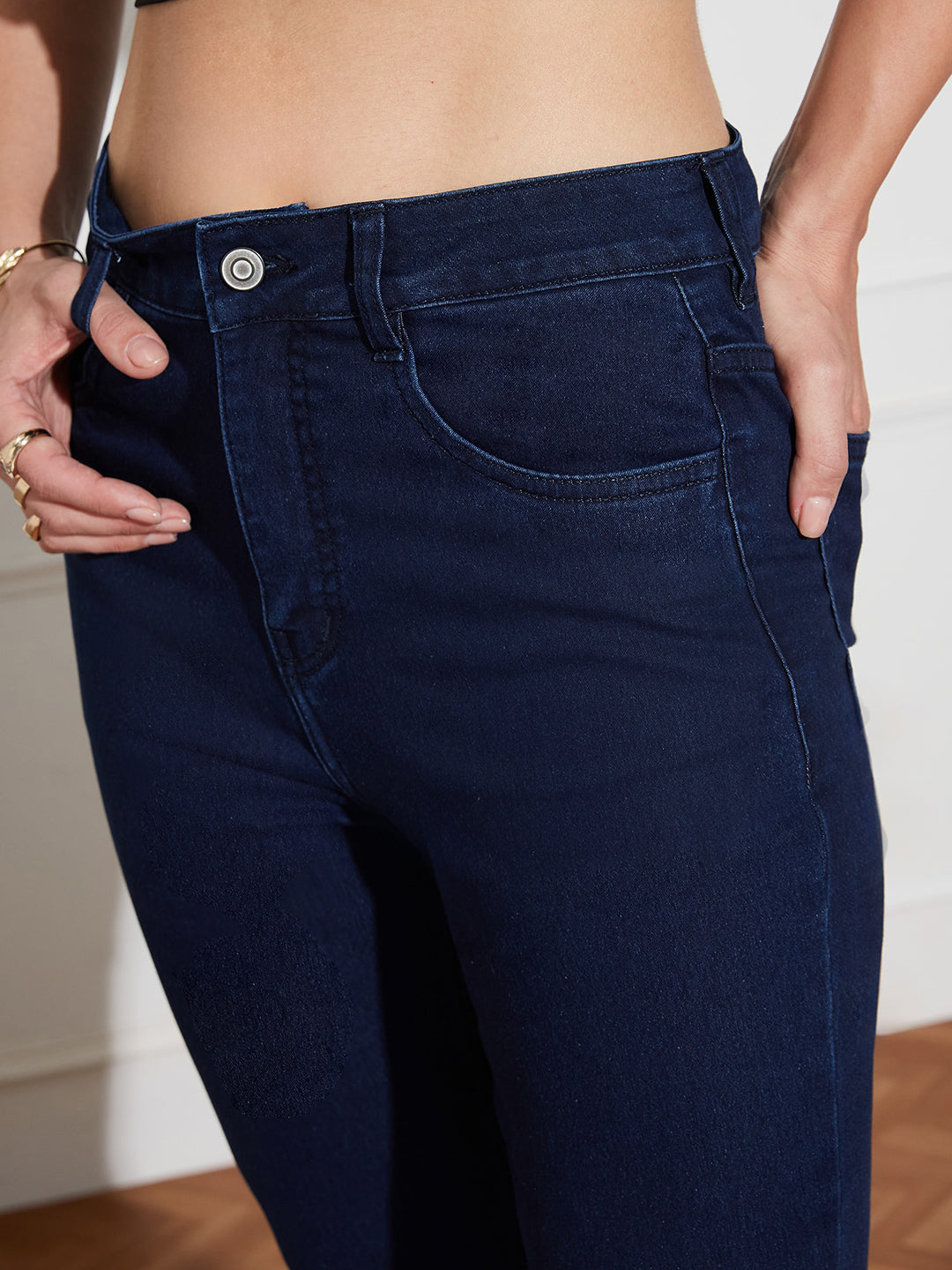 Women's Navy Blue High Rise Clean LooK Stretchable Denim Bootcut Jeans