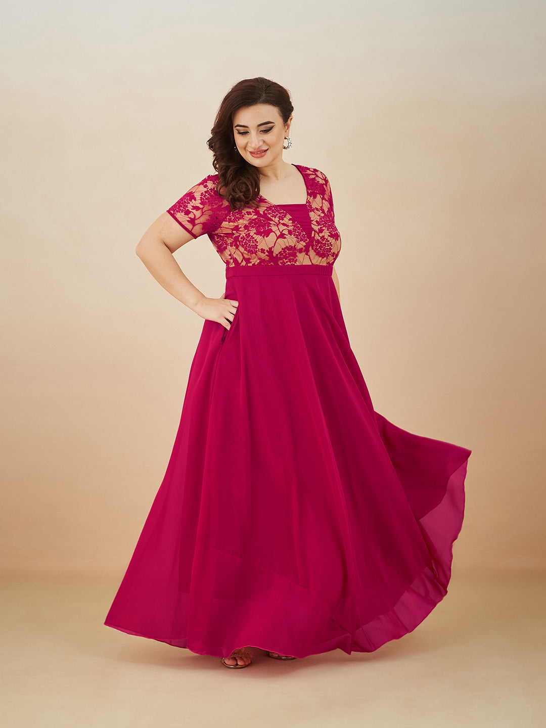 Dark Pink Square Neck Raglan Short Sleeve Self Design Lace Overlaid Georgette Maxi Dress for Women — Miss Chase A+