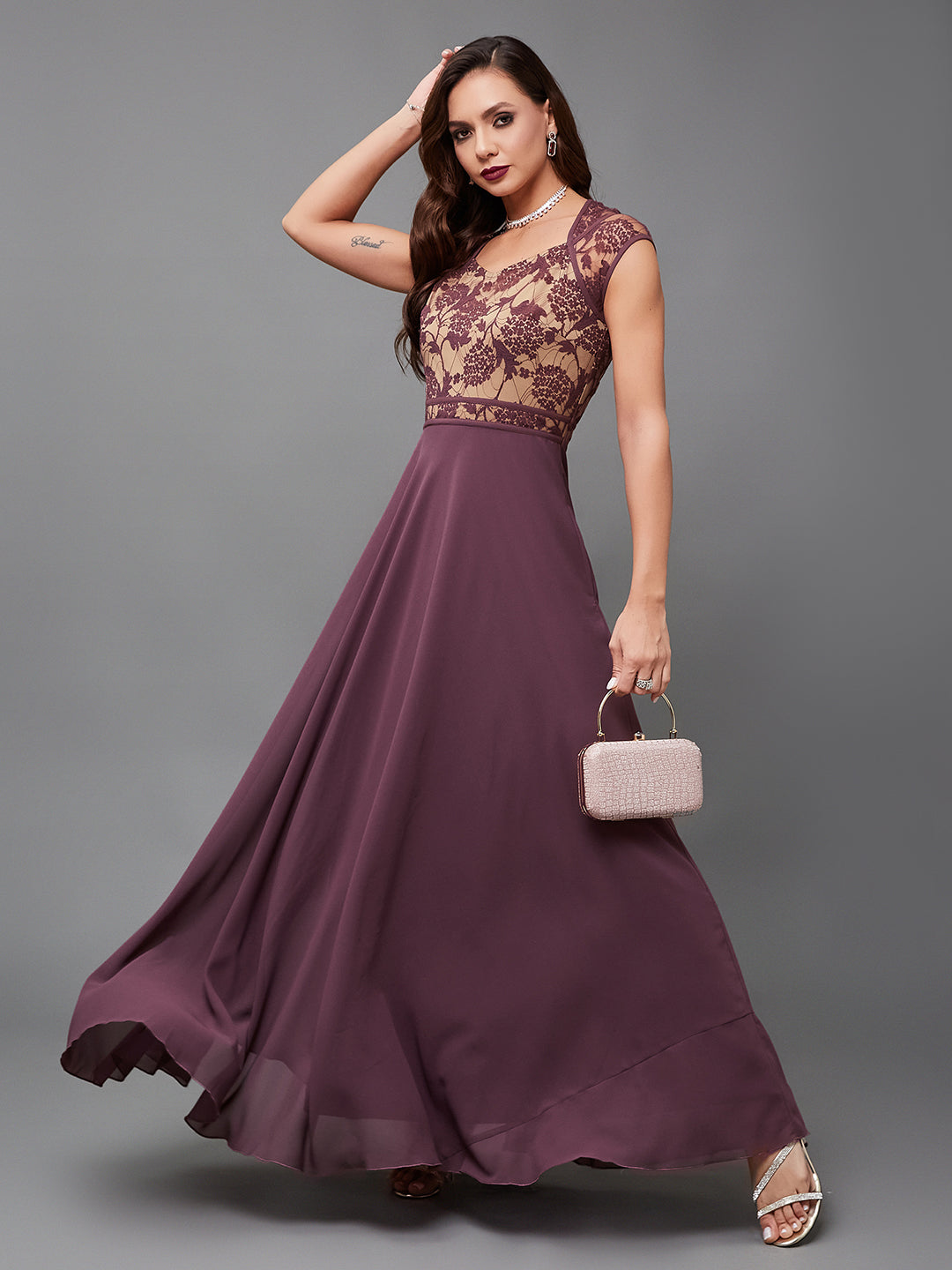 Women's Mauve Sweetheart-Neck Raglan-Sleeve Self-Designed Fit & Flare Georgette Maxi Dress