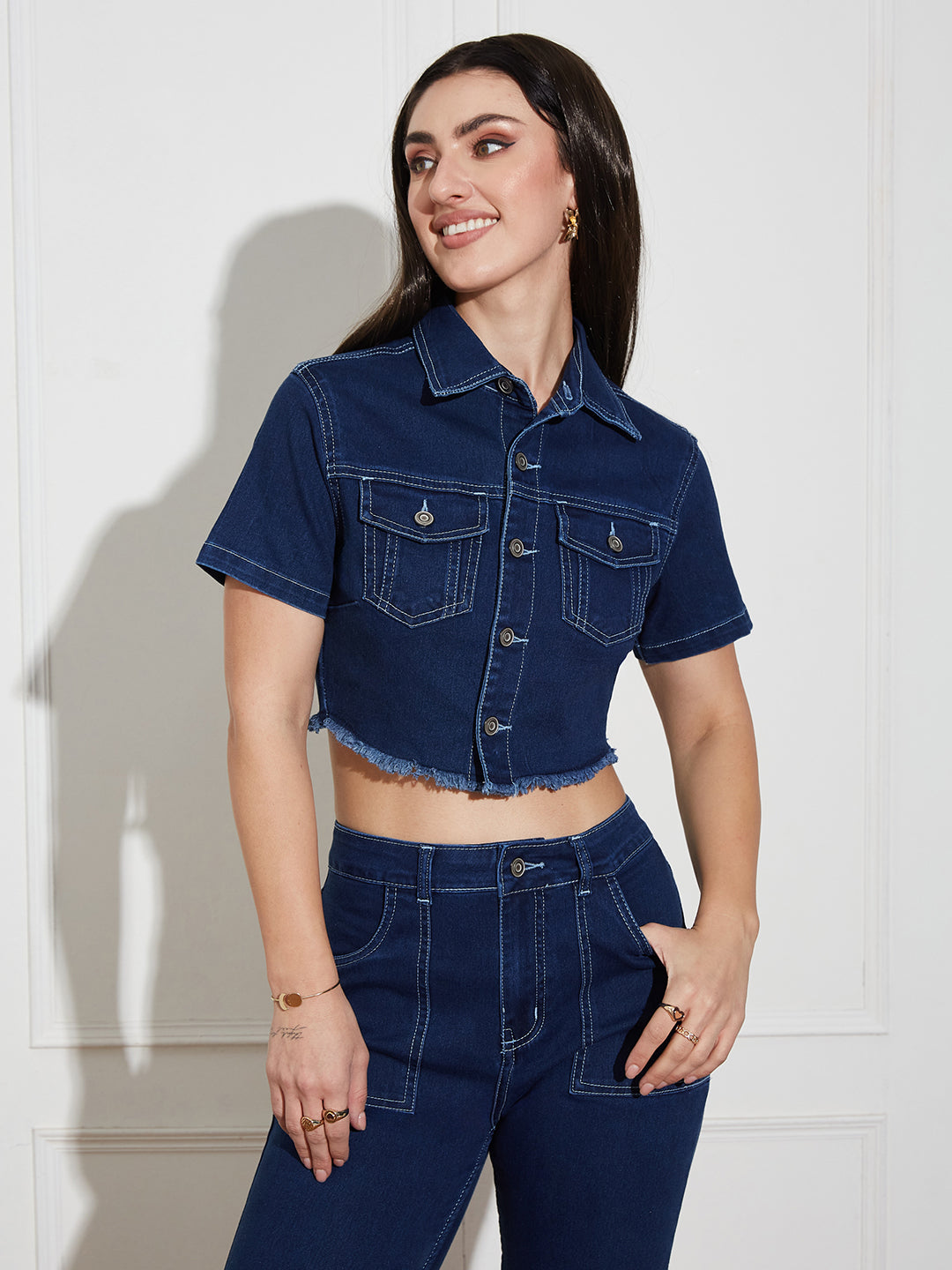 Women's Navy Blue Bootcut High-Rise Clean-Look Cropped Top, Regular Bottom Stretchable Denim Co-Ord Set