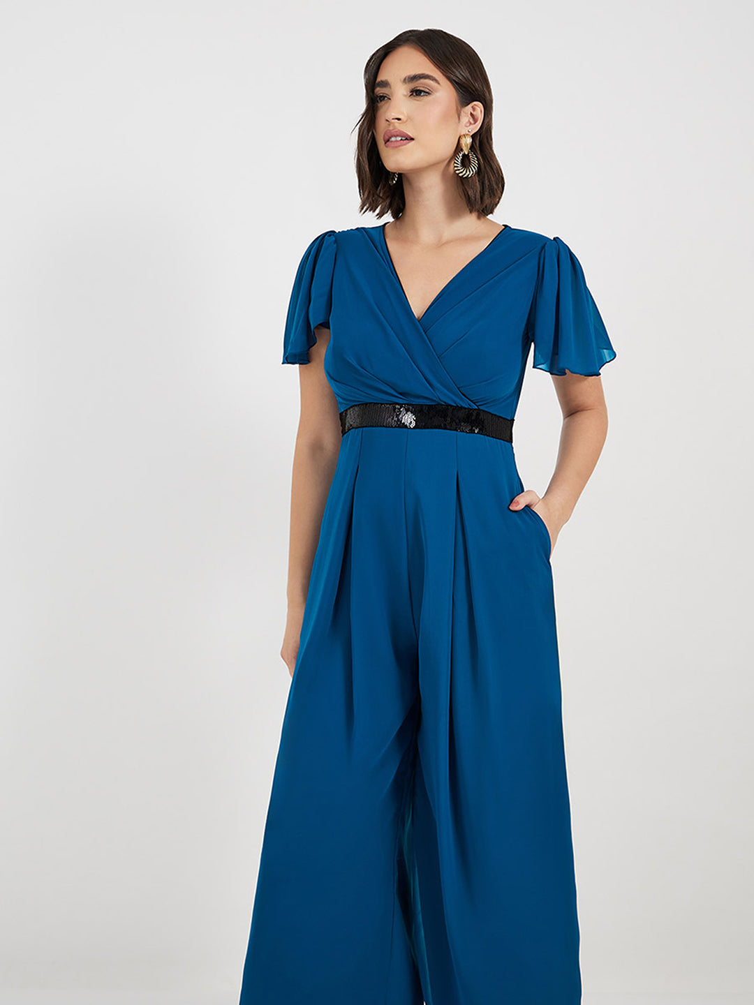 Women's Royal Blue Solid Relaxed Fit Short Sleeve V-Neck Ankle-Length Straight Jumpsuit