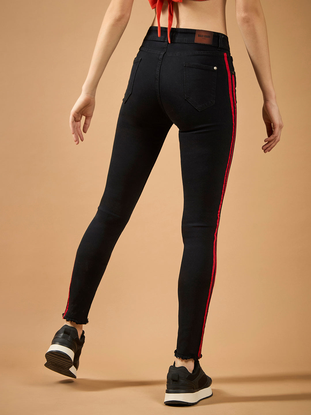 Women's Black Slim Fit High-Rise Clean-Look Regular-Length twill Tape Detailing Stretchable Denim Jeans
