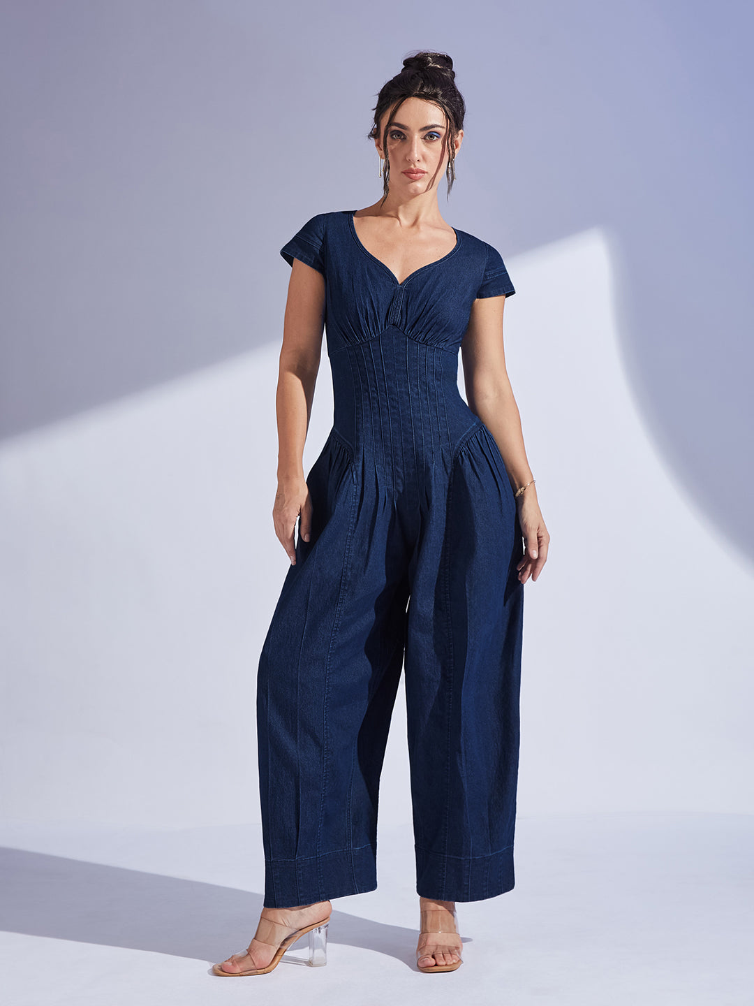 Women's Navy Blue Scoop Neck Cap Sleeve Pin Tucked Dhoti Style Denim Jumpsuit