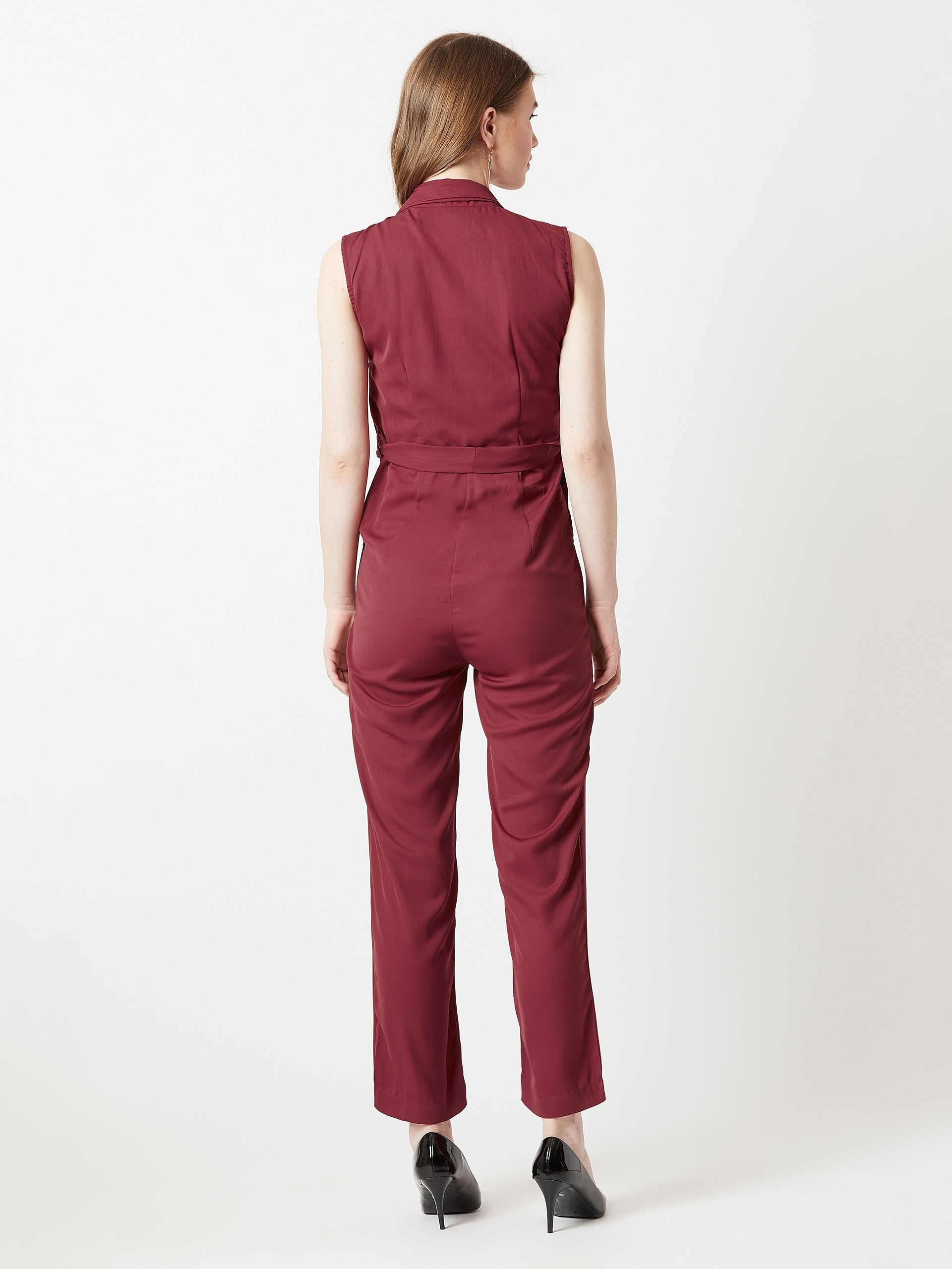Women's Maroon V-Neck Sleeveless Straight Leg Tie-Up Solid Belted Wrap Jumpsuit