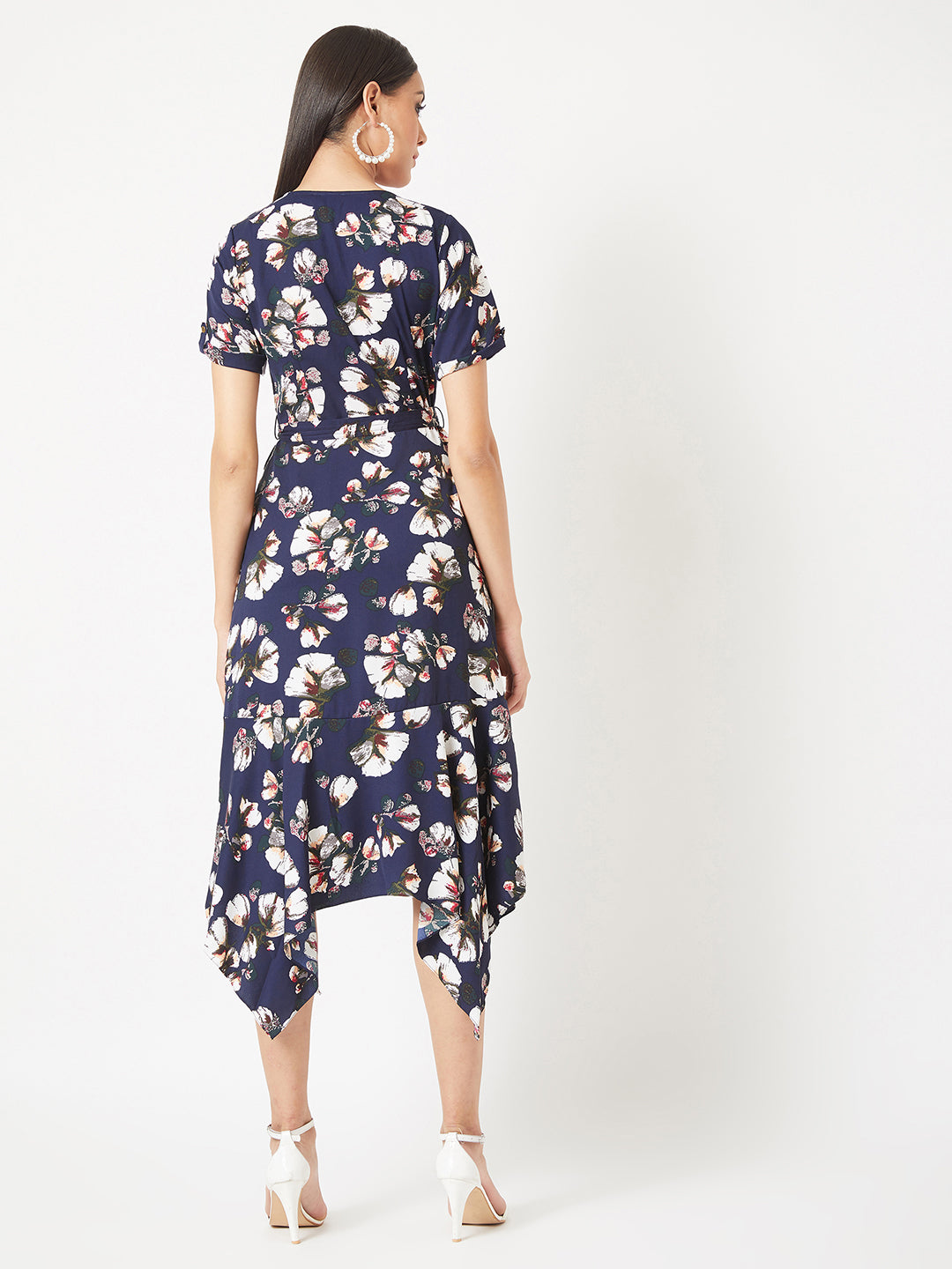 Women's Multicolored V-Neck Half Sleeve Floral Midi Belted Wrap Dress