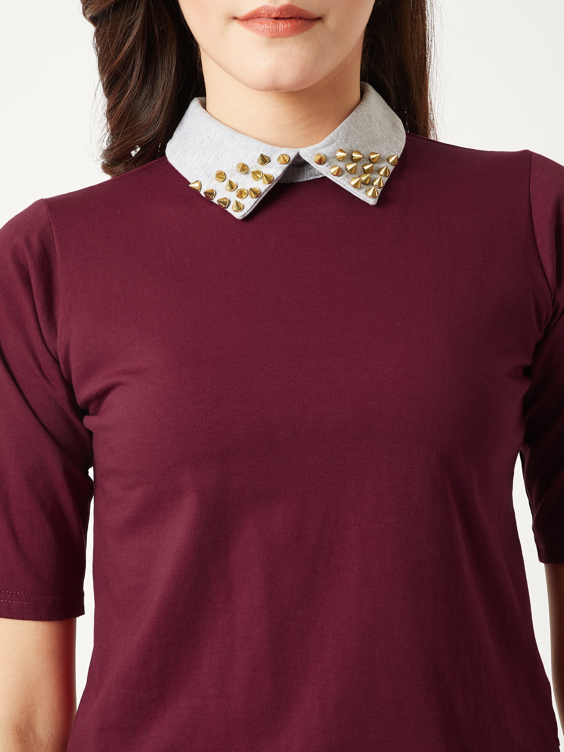 Women's Maroon Round Neck Half Sleeve Cotton Solid Embellished Buttoned Collared Crop Top