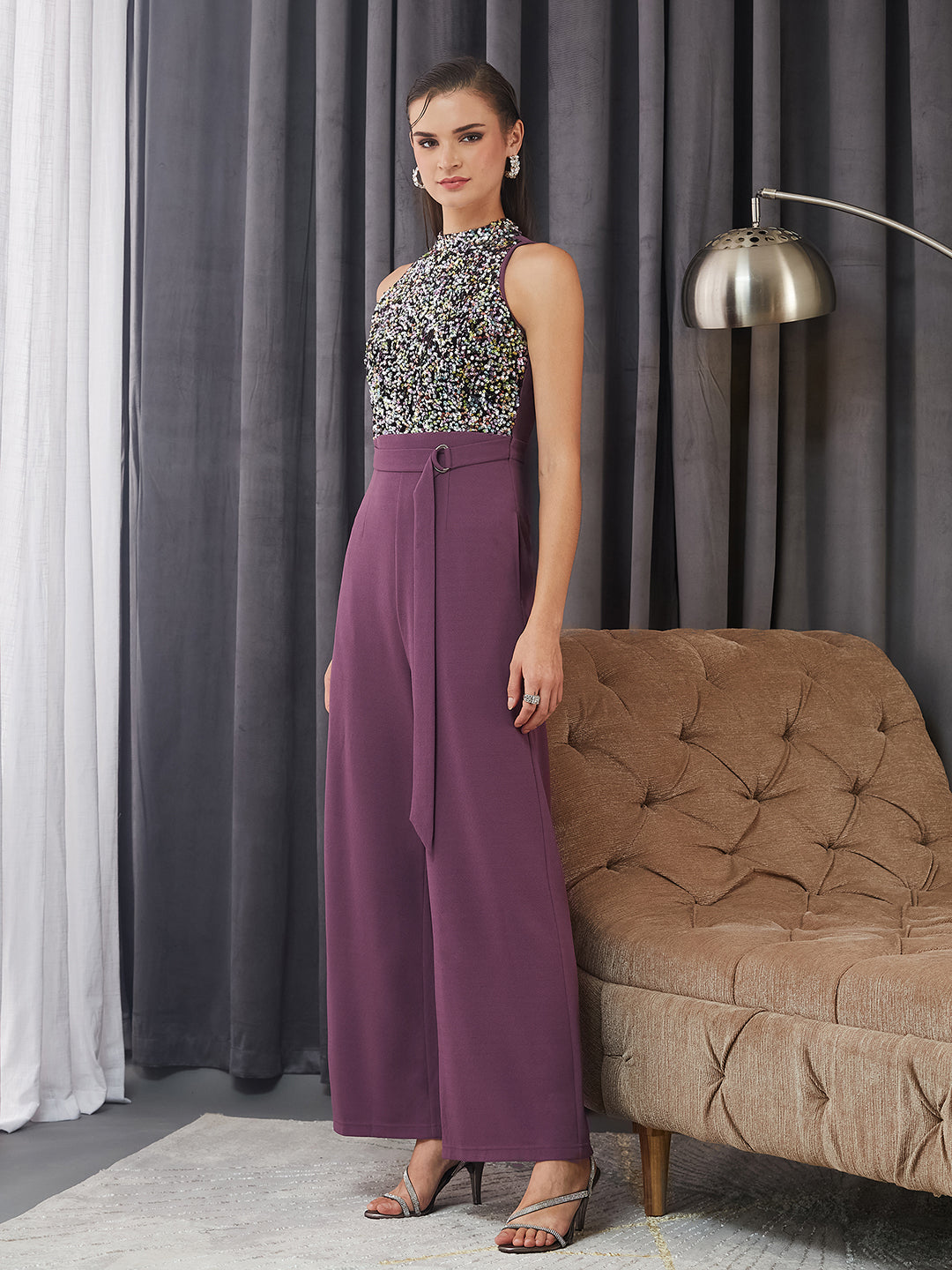 Women's Multicolored Base Lavender Sleeveless Embellished Halter Neck Regular Jumpsuit