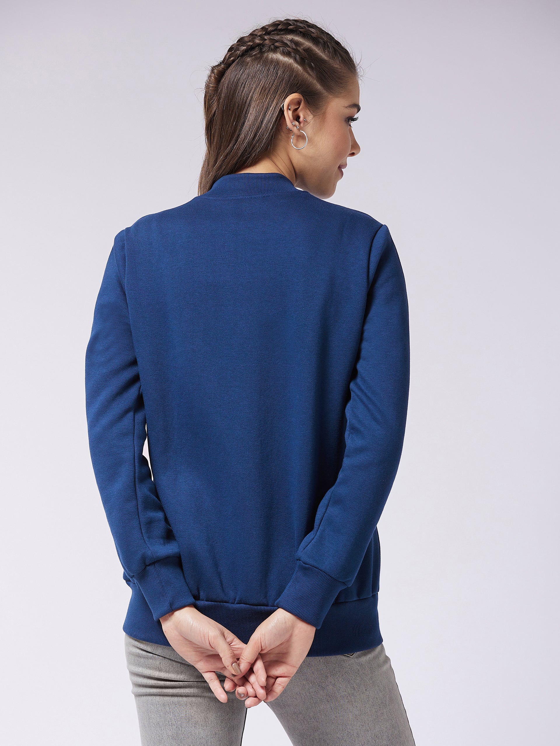 Women's Navy-Blue Round Neck Full Sleeve Solid Bomber Regular Jacket